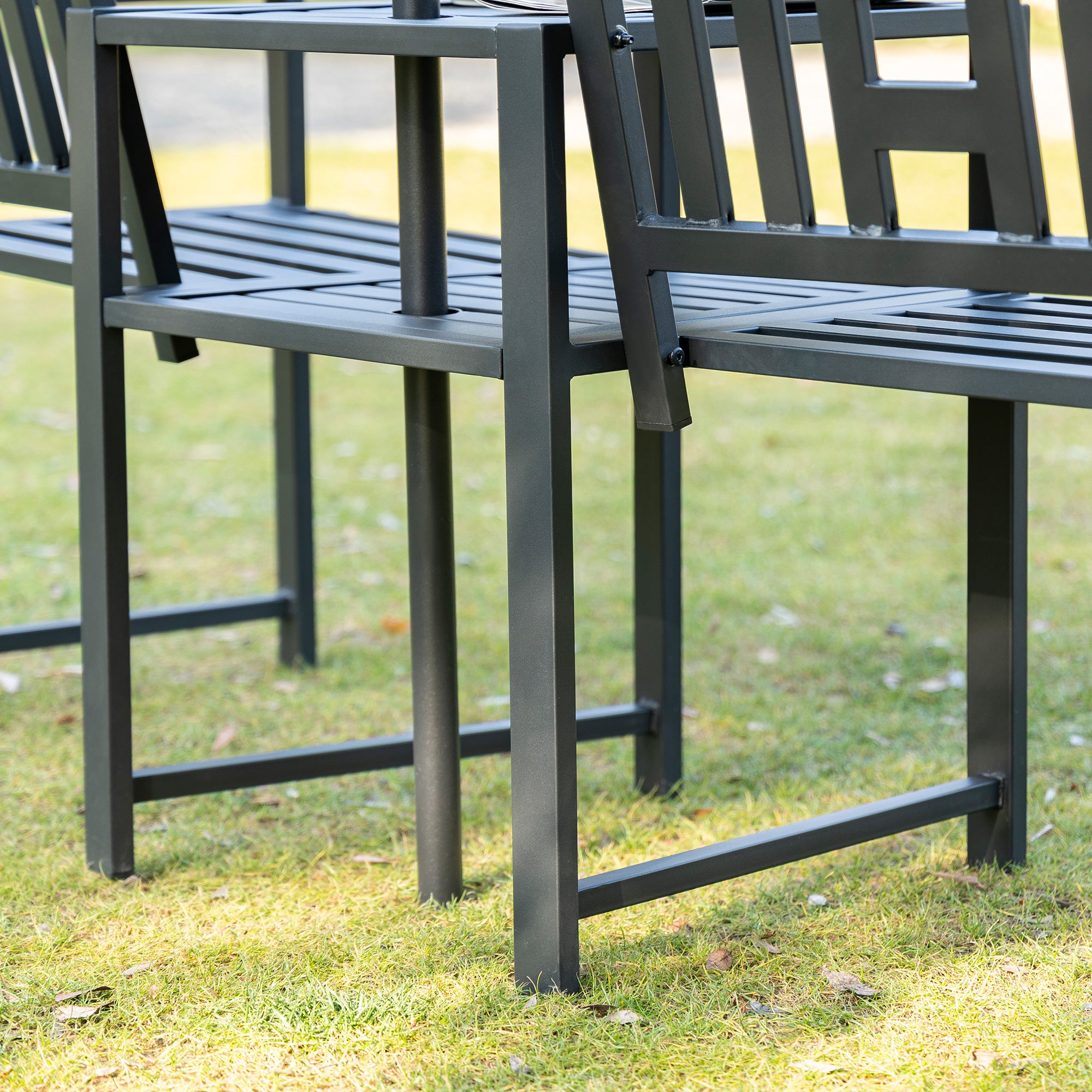 Outsunny Metal Outdoor Bench, 2-Seater Garden Bench with Middle Table and Umbrella Hole, Patio Loveseat with Slatted Seat & Backrest, Black