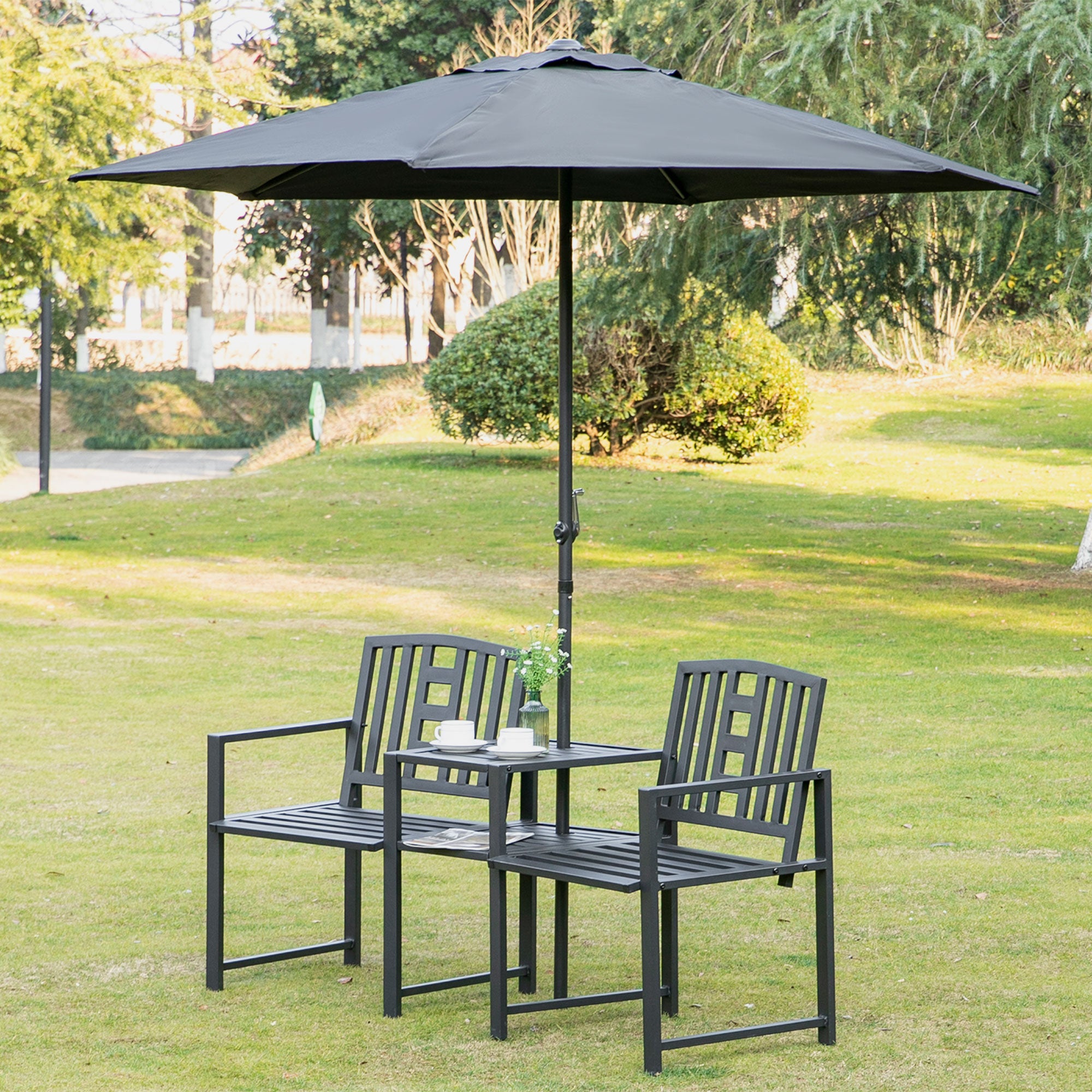 Outsunny Metal Outdoor Bench, 2-Seater Garden Bench with Middle Table and Umbrella Hole, Patio Loveseat with Slatted Seat & Backrest, Black