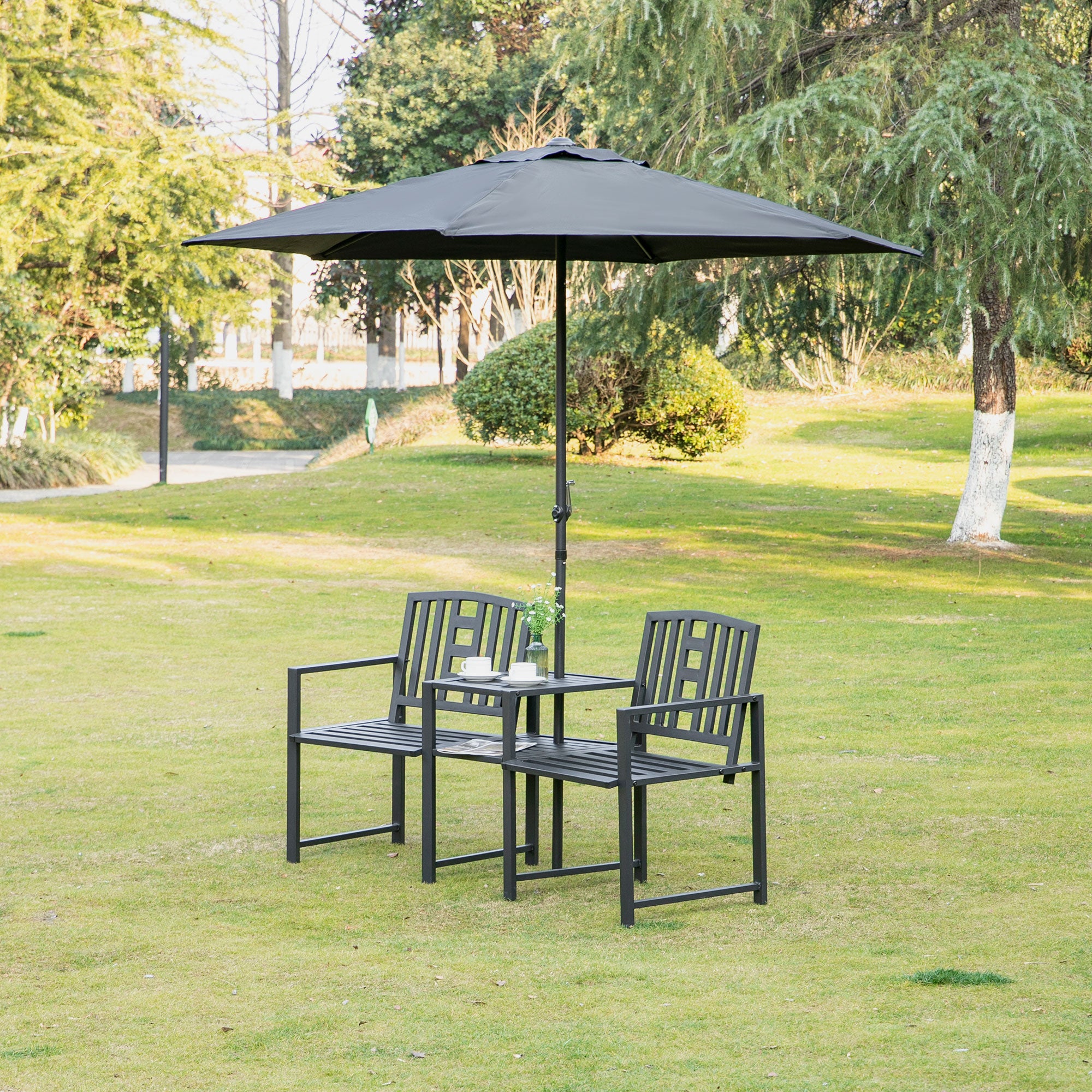 Outsunny Metal Outdoor Bench, 2-Seater Garden Bench with Middle Table and Umbrella Hole, Patio Loveseat with Slatted Seat & Backrest, Black