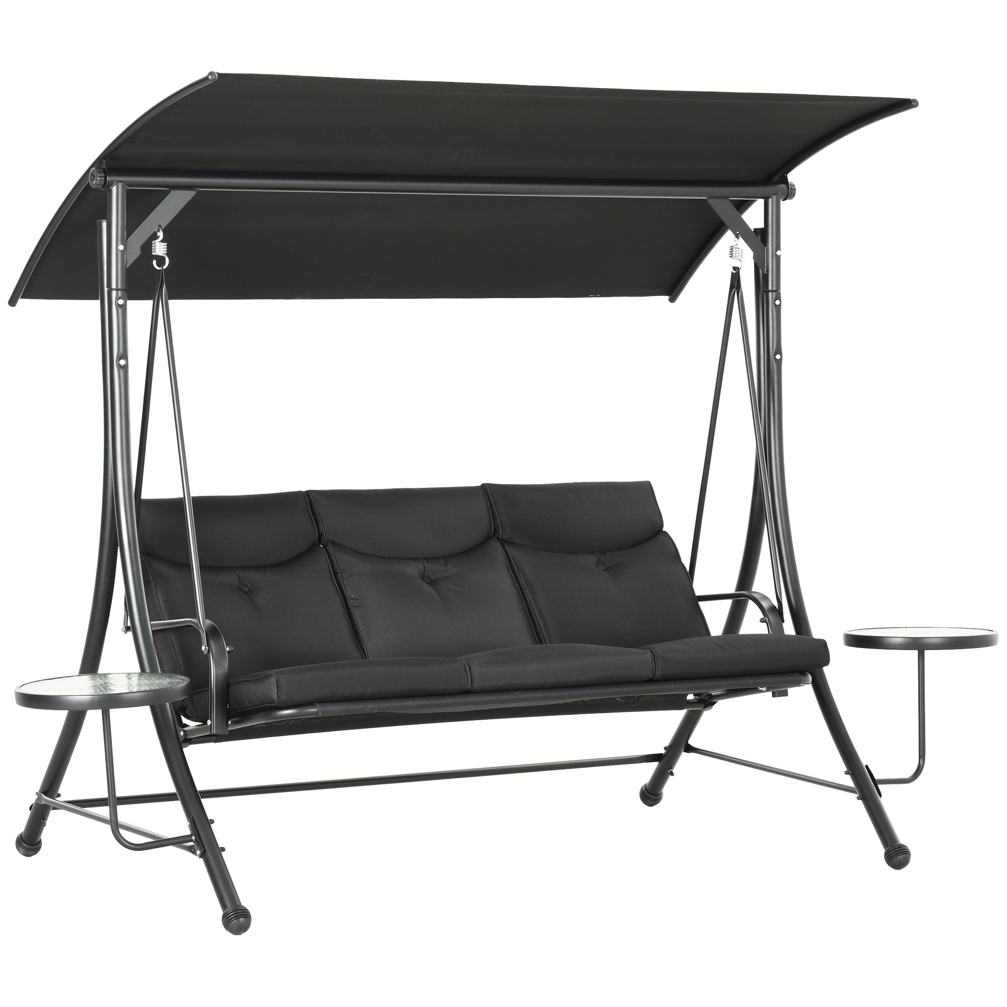 Outsunny Porch Swing with Adjustable Canopy, 3 Seat Outdoor Swing Chair, Steel Patio Swing Bench with Coffee Tables and Cushion for Garden, Black