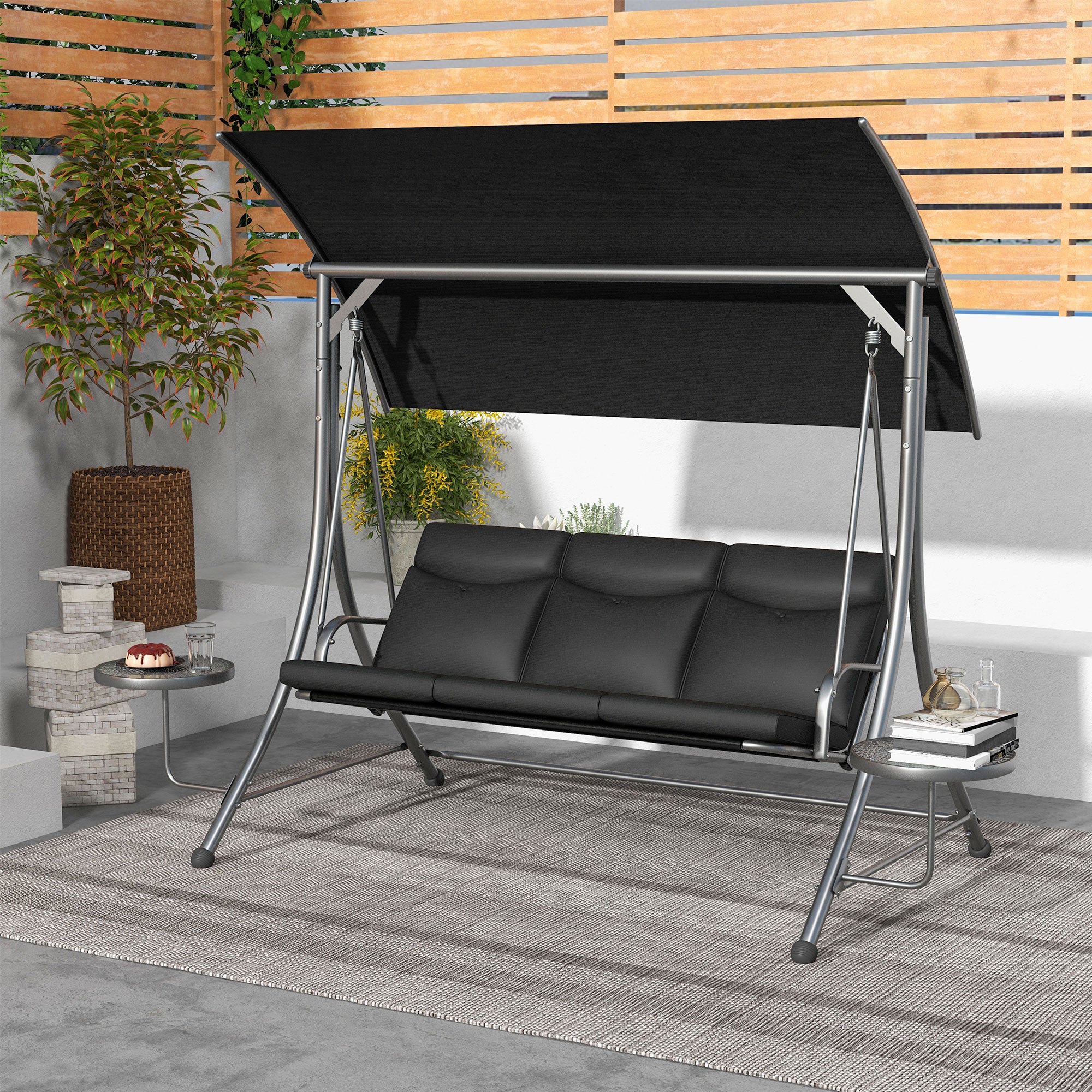 Outsunny Porch Swing with Adjustable Canopy, 3 Seat Outdoor Swing Chair, Steel Patio Swing Bench with Coffee Tables and Cushion for Garden, Black