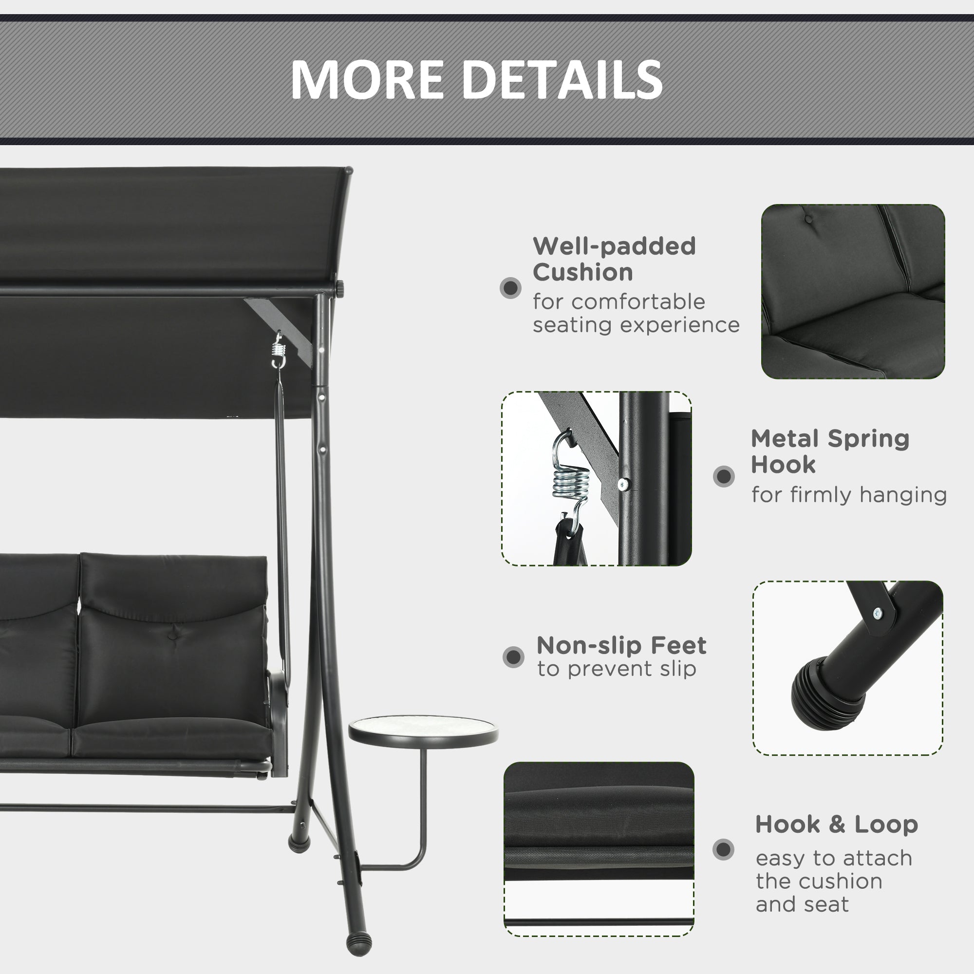 Outsunny Porch Swing with Adjustable Canopy, 3 Seat Outdoor Swing Chair, Steel Patio Swing Bench with Coffee Tables and Cushion for Garden, Black