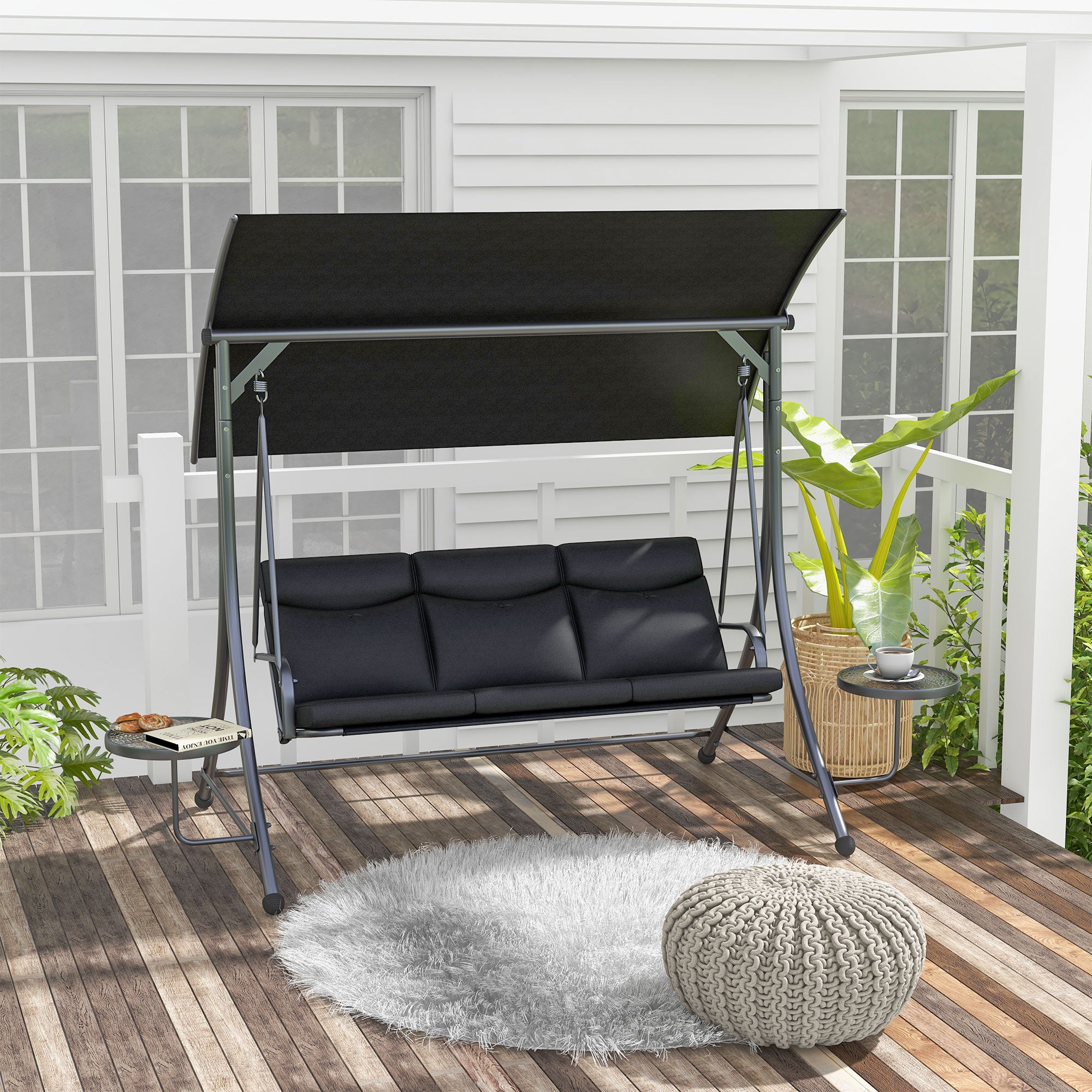 Outsunny Porch Swing with Adjustable Canopy, 3 Seat Outdoor Swing Chair, Steel Patio Swing Bench with Coffee Tables and Cushion for Garden, Black