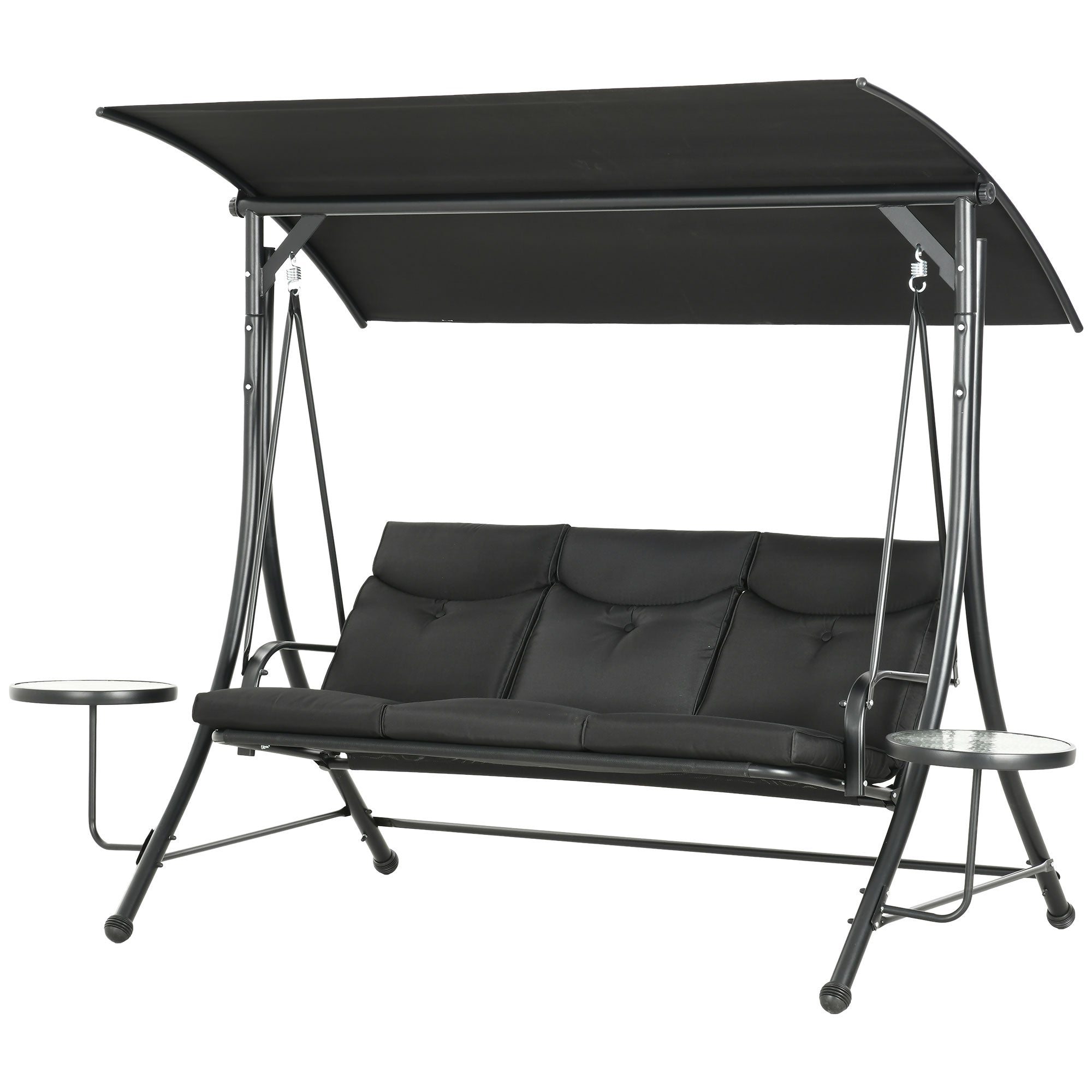 Outsunny Porch Swing with Adjustable Canopy, 3 Seat Outdoor Swing Chair, Steel Patio Swing Bench with Coffee Tables and Cushion for Garden, Black