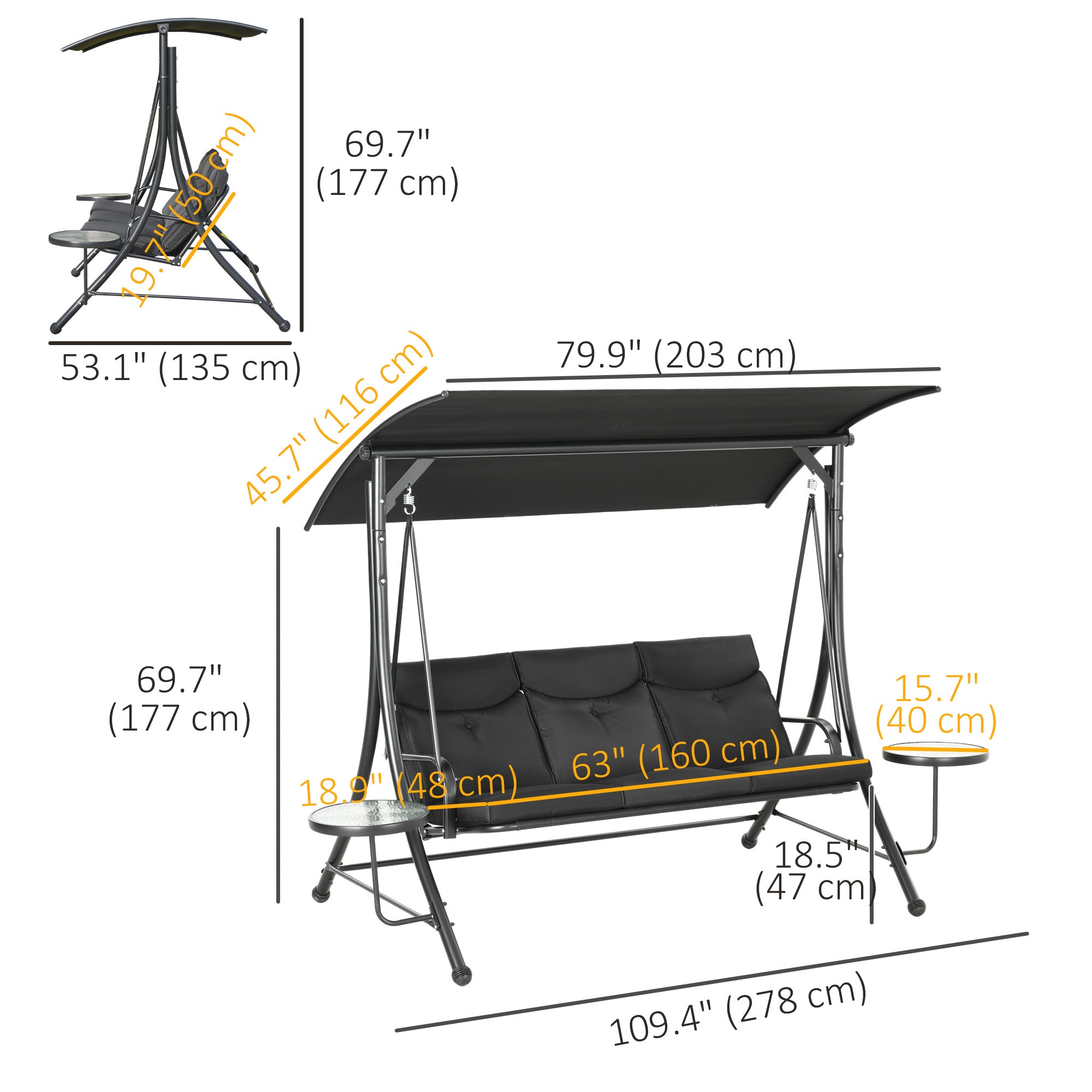 Outsunny Porch Swing with Adjustable Canopy, 3 Seat Outdoor Swing Chair, Steel Patio Swing Bench with Coffee Tables and Cushion for Garden, Black