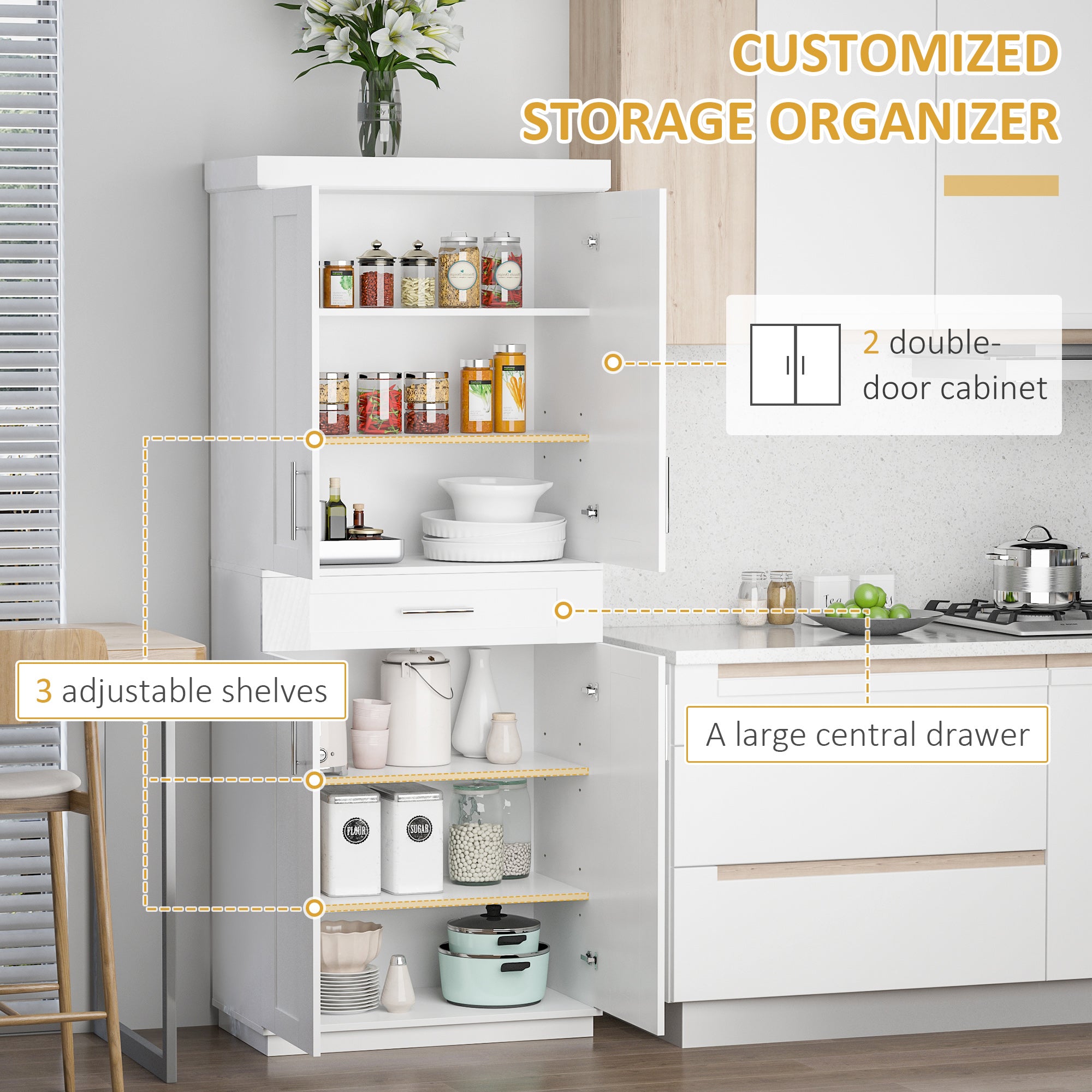 HOMCOM 72" Tall Kitchen Pantry Cabinet, Freestanding Kitchen Storage Cabinet with 4 Doors, Drawer and 3 Adjustable Shelves, White