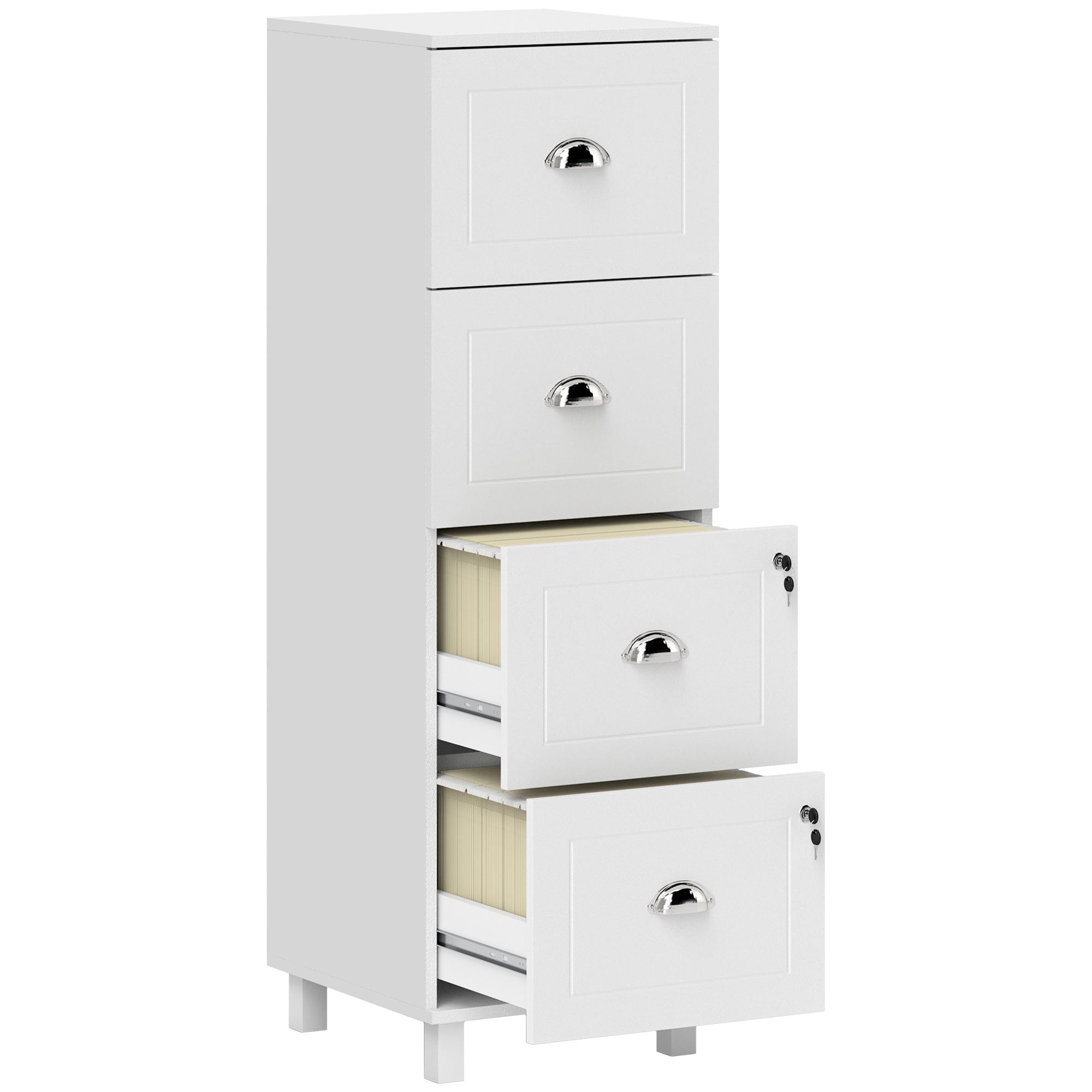 HOMCOM Vertical Filing Cabinet with 4 Drawers, Lockable File Cabinet with Adjustable Hanging Bars for A4 and Letter for Home Office, White