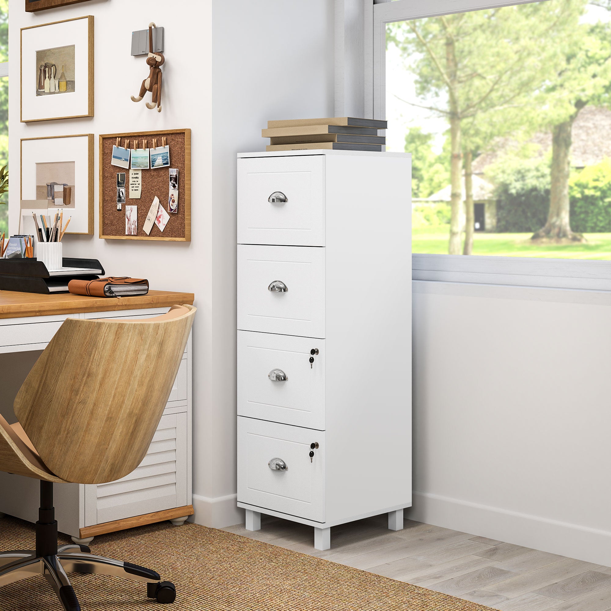 HOMCOM Vertical Filing Cabinet with 4 Drawers, Lockable File Cabinet with Adjustable Hanging Bars for A4 and Letter for Home Office, White