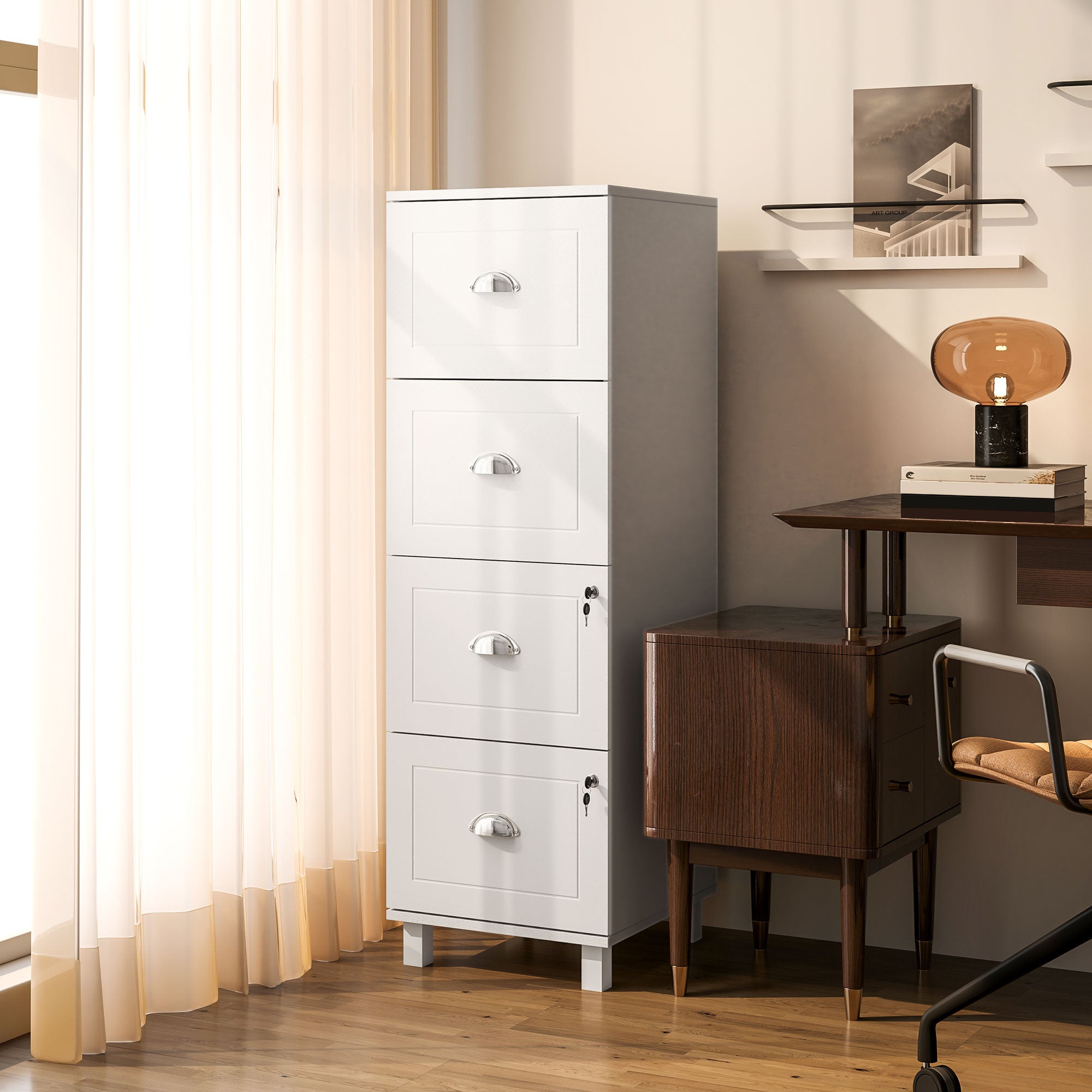 HOMCOM Vertical Filing Cabinet with 4 Drawers, Lockable File Cabinet with Adjustable Hanging Bars for A4 and Letter for Home Office, White