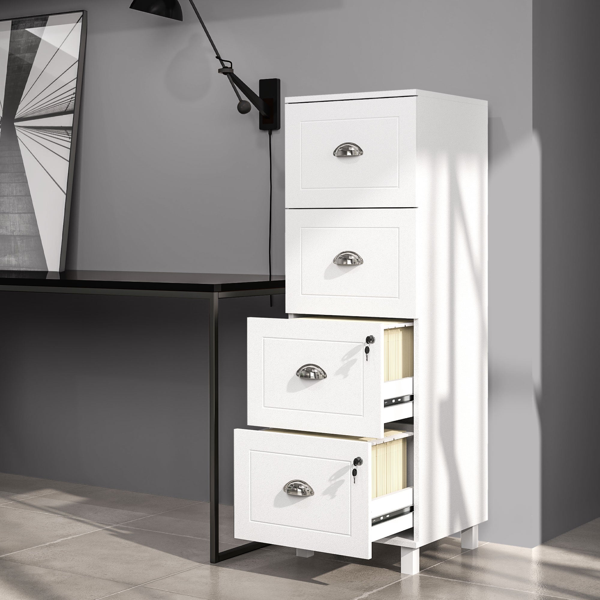 HOMCOM Vertical Filing Cabinet with 4 Drawers, Lockable File Cabinet with Adjustable Hanging Bars for A4 and Letter for Home Office, White