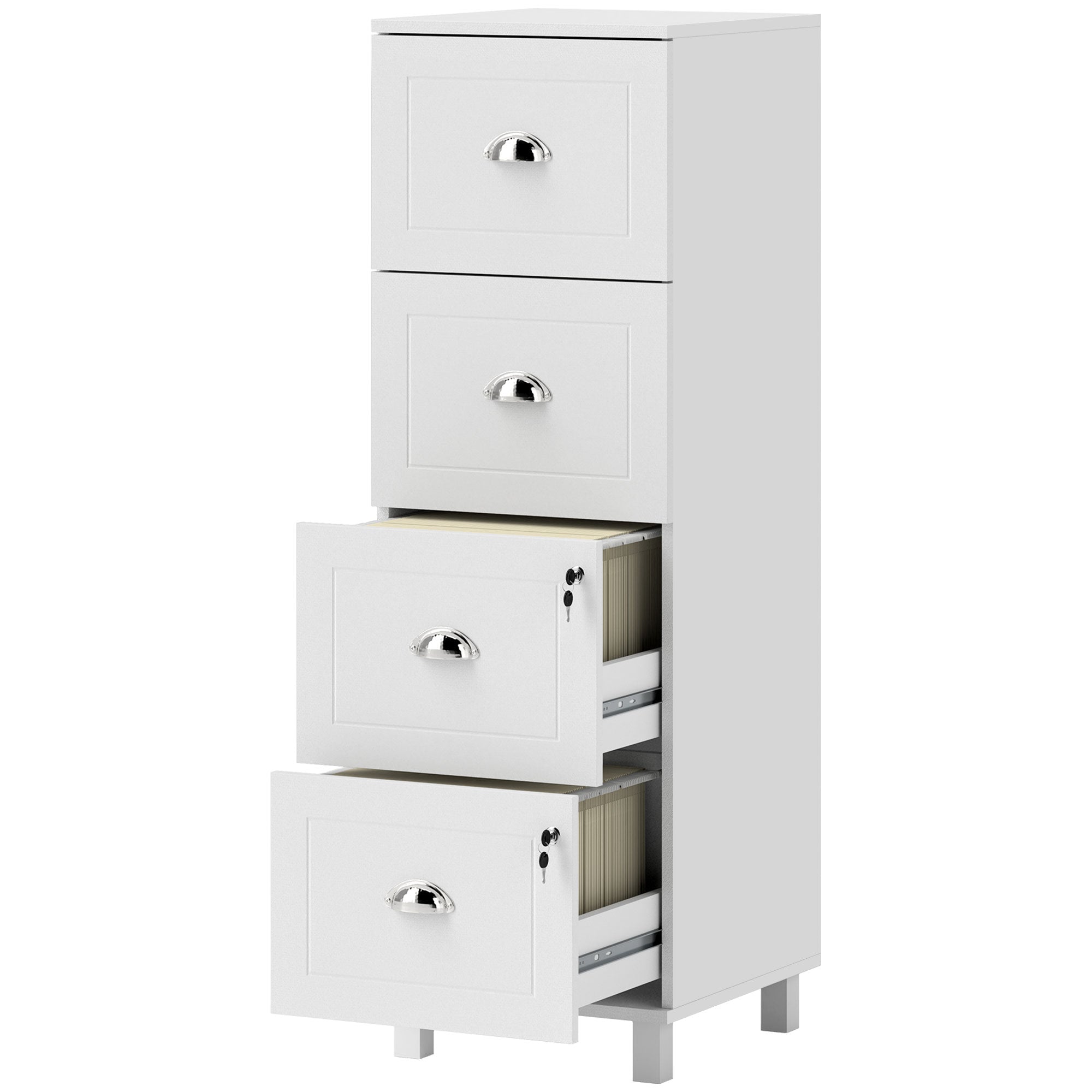 HOMCOM Vertical Filing Cabinet with 4 Drawers, Lockable File Cabinet with Adjustable Hanging Bars for A4 and Letter for Home Office, White