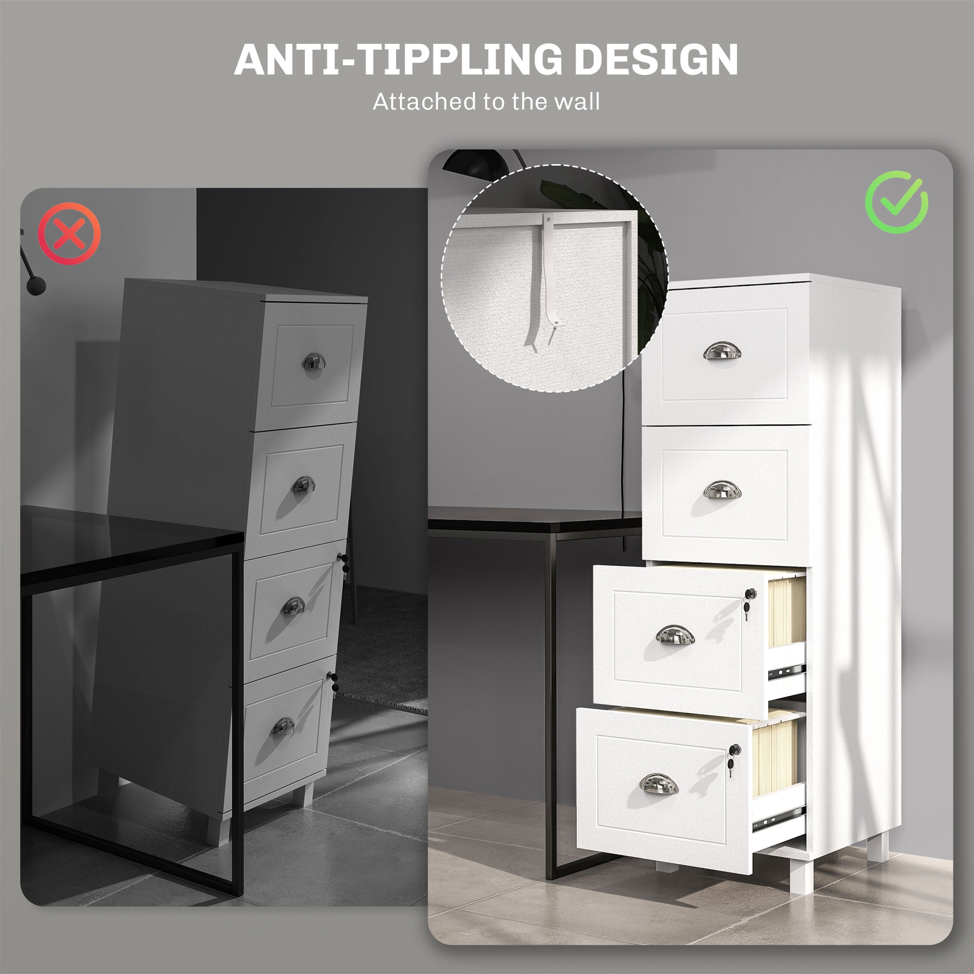 HOMCOM Vertical Filing Cabinet with 4 Drawers, Lockable File Cabinet with Adjustable Hanging Bars for A4 and Letter for Home Office, White