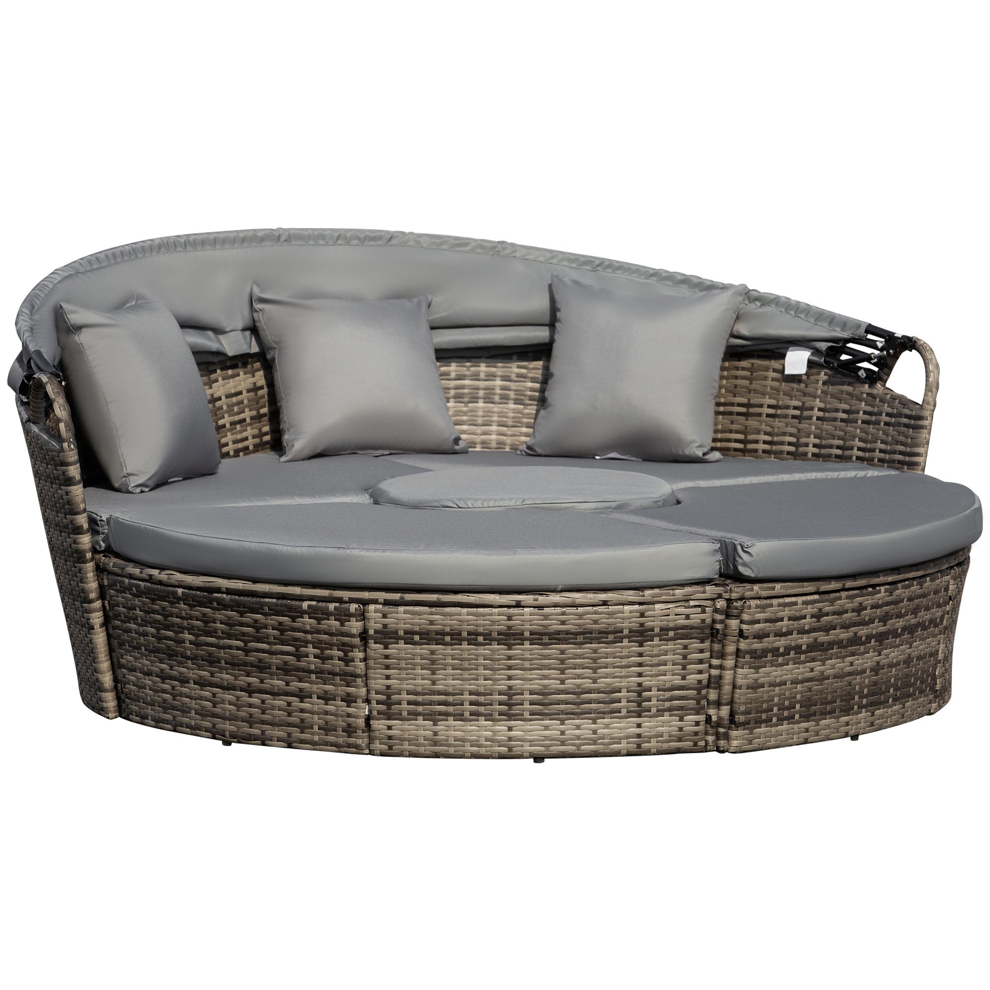 Outsunny 4 Pieces Outdoor Daybed with Retractable Canopy, PE Rattan Wicker Round Sofa Day Bed, Patio Sectional  Conversation Furniture Set with Cushions and Pillows, Grey
