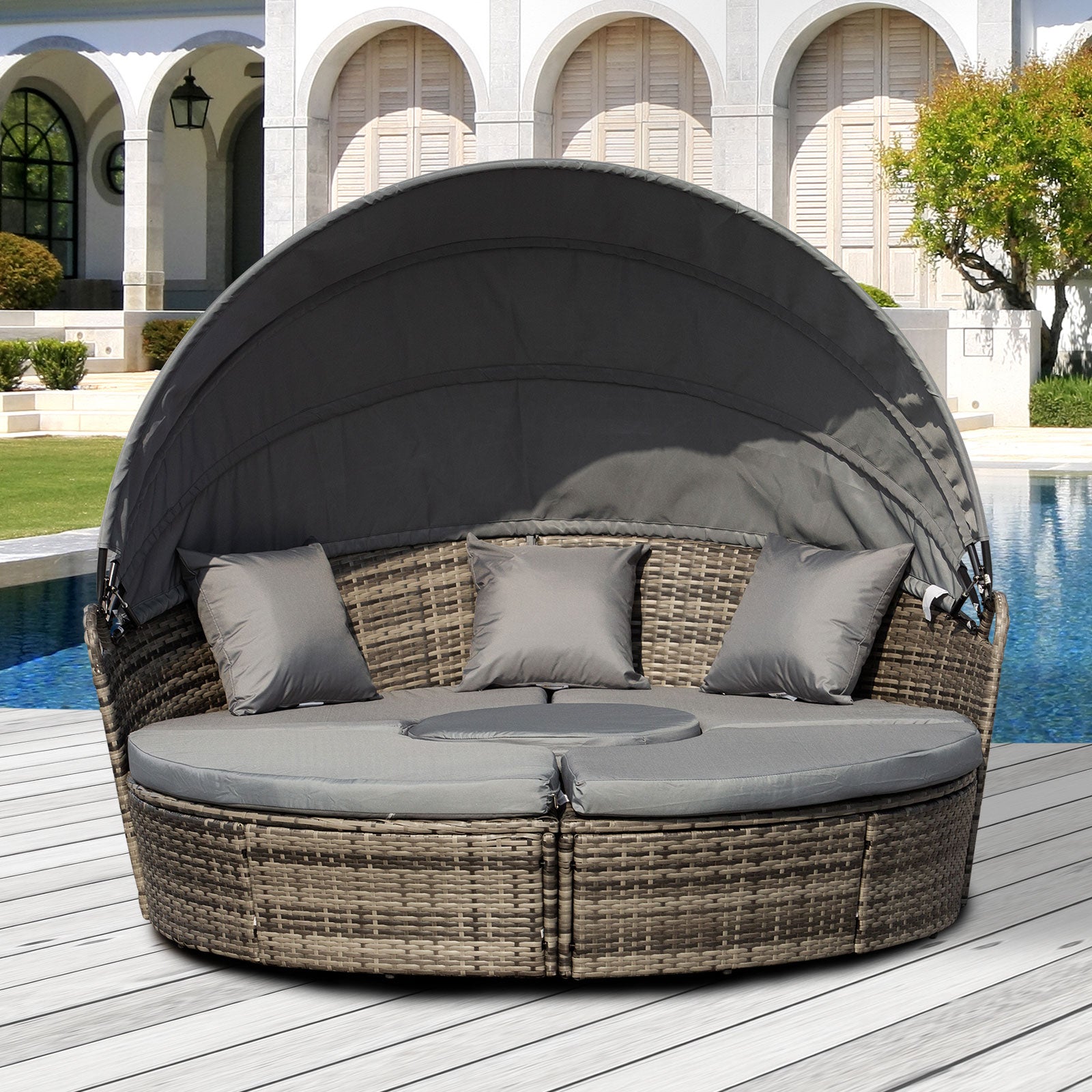 Outsunny 4 Pieces Outdoor Daybed with Retractable Canopy, PE Rattan Wicker Round Sofa Day Bed, Patio Sectional  Conversation Furniture Set with Cushions and Pillows, Grey