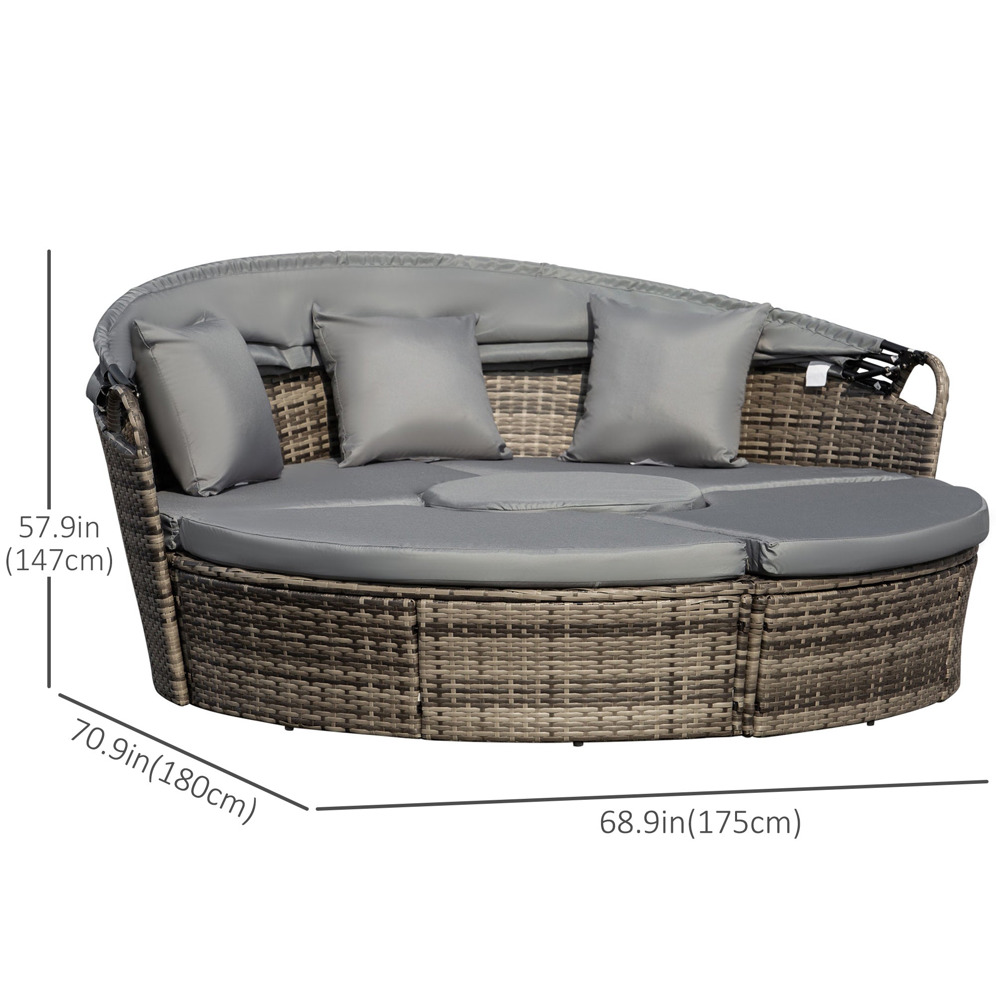 Outsunny 4 Pieces Outdoor Daybed with Retractable Canopy, PE Rattan Wicker Round Sofa Day Bed, Patio Sectional  Conversation Furniture Set with Cushions and Pillows, Grey