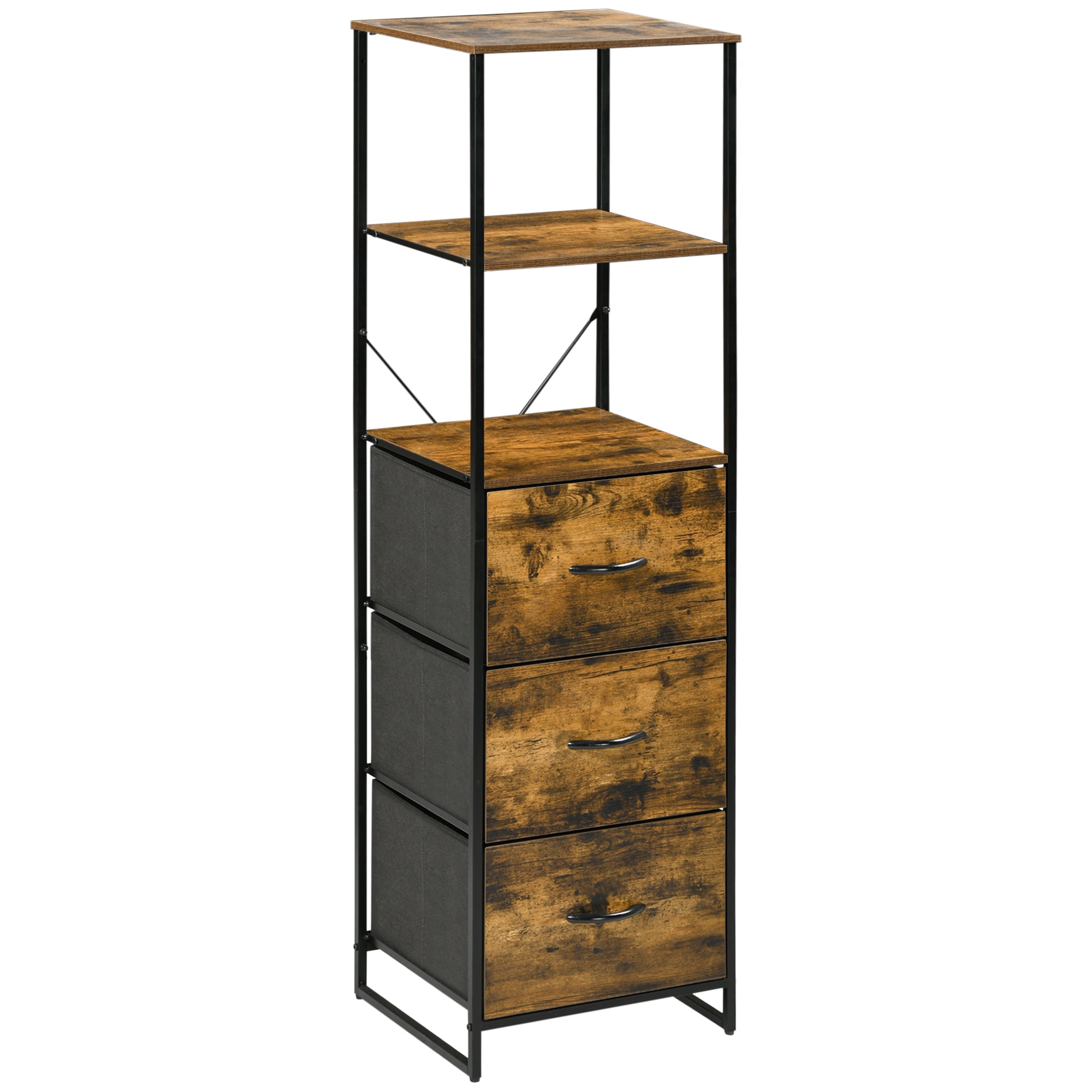 HOMCOM Industrial Storage Cabinet with 2 Open Shelves and 3 Foldable Fabric Drawers, Multifunctional Bookshelf In Living Room, Study, Rustic Brown