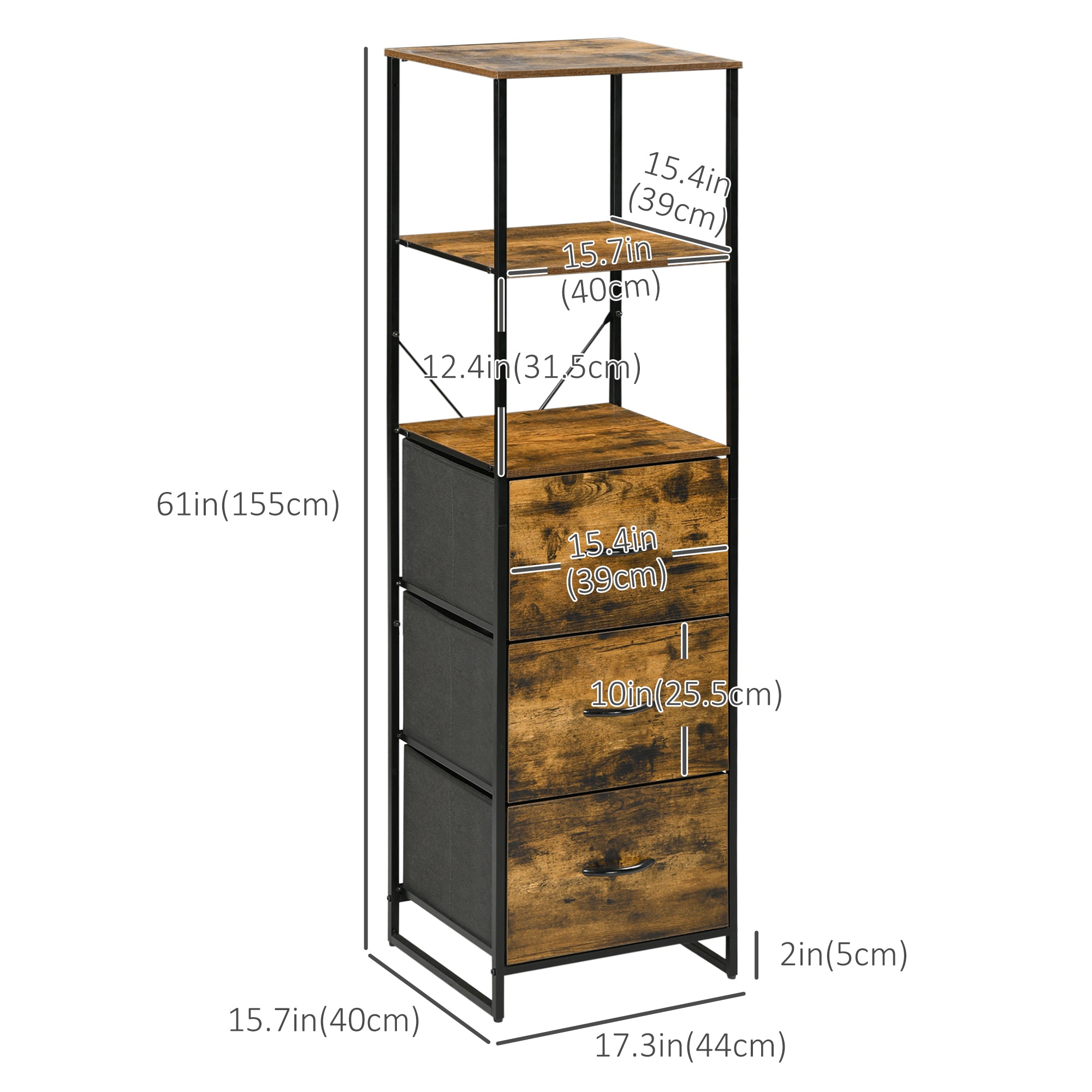 HOMCOM Industrial Storage Cabinet with 2 Open Shelves and 3 Foldable Fabric Drawers, Multifunctional Bookshelf In Living Room, Study, Rustic Brown
