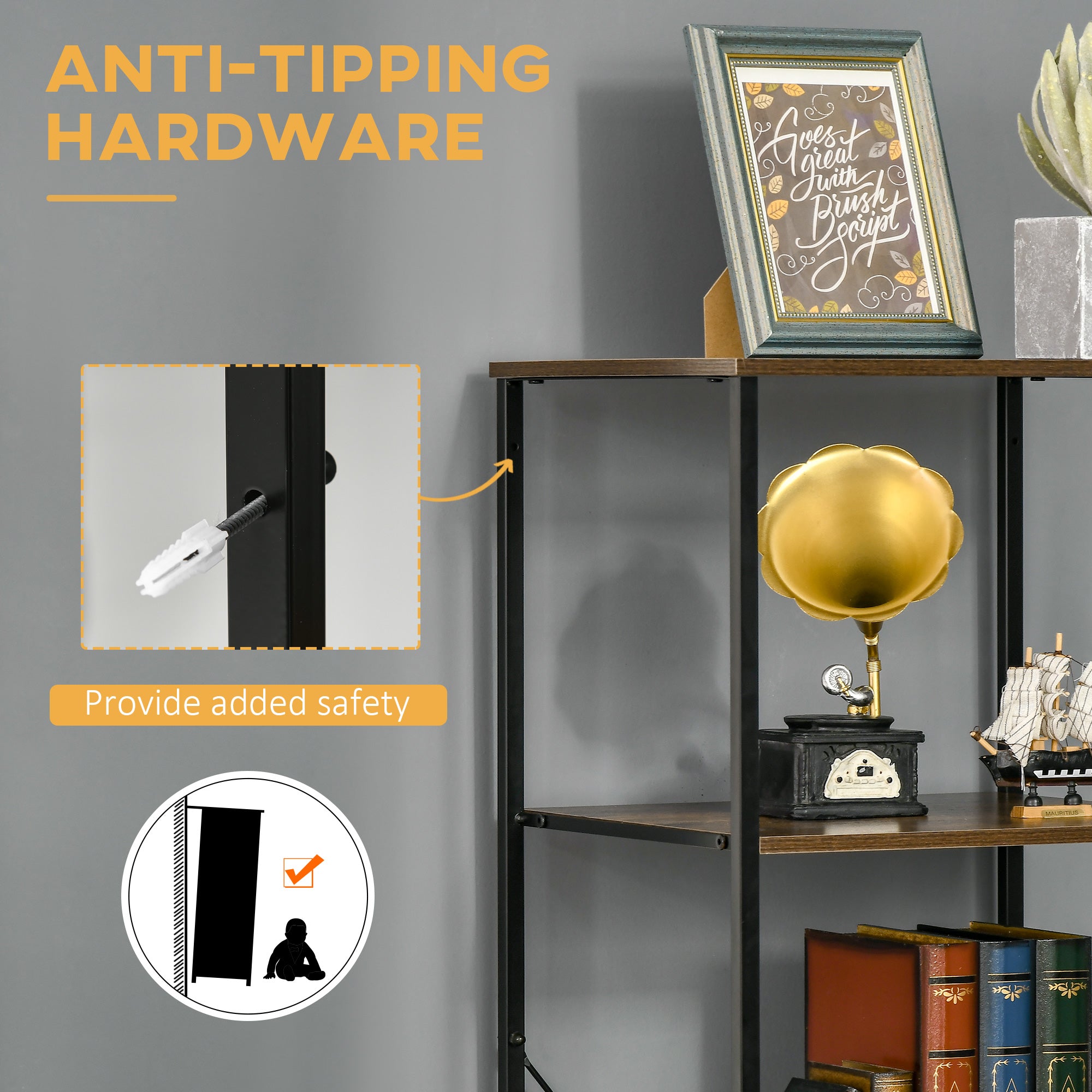 HOMCOM Industrial Storage Cabinet with 2 Open Shelves and 3 Foldable Fabric Drawers, Multifunctional Bookshelf In Living Room, Study, Rustic Brown