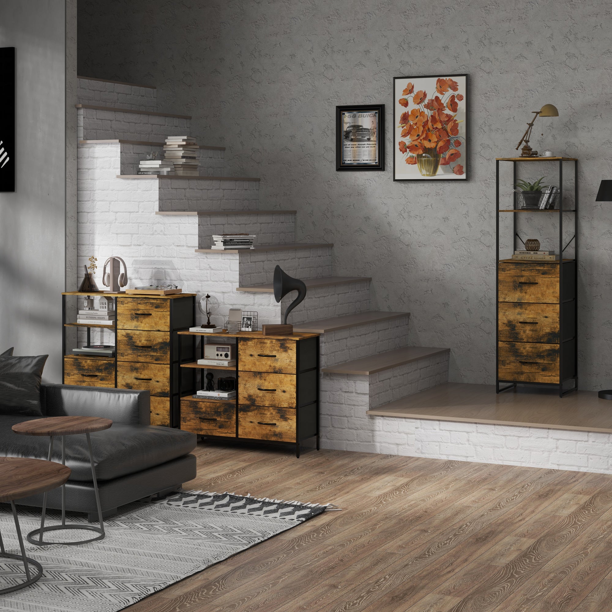 HOMCOM Industrial Storage Cabinet with 2 Open Shelves and 3 Foldable Fabric Drawers, Multifunctional Bookshelf In Living Room, Study, Rustic Brown