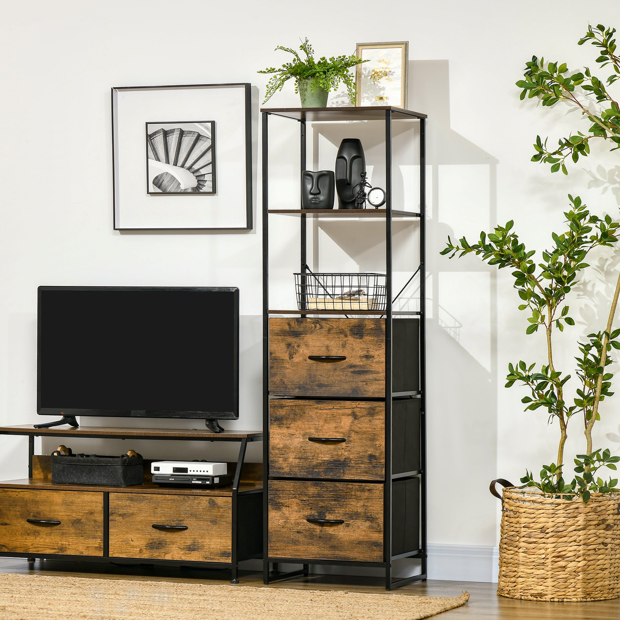 HOMCOM Industrial Storage Cabinet with 2 Open Shelves and 3 Foldable Fabric Drawers, Multifunctional Bookshelf In Living Room, Study, Rustic Brown