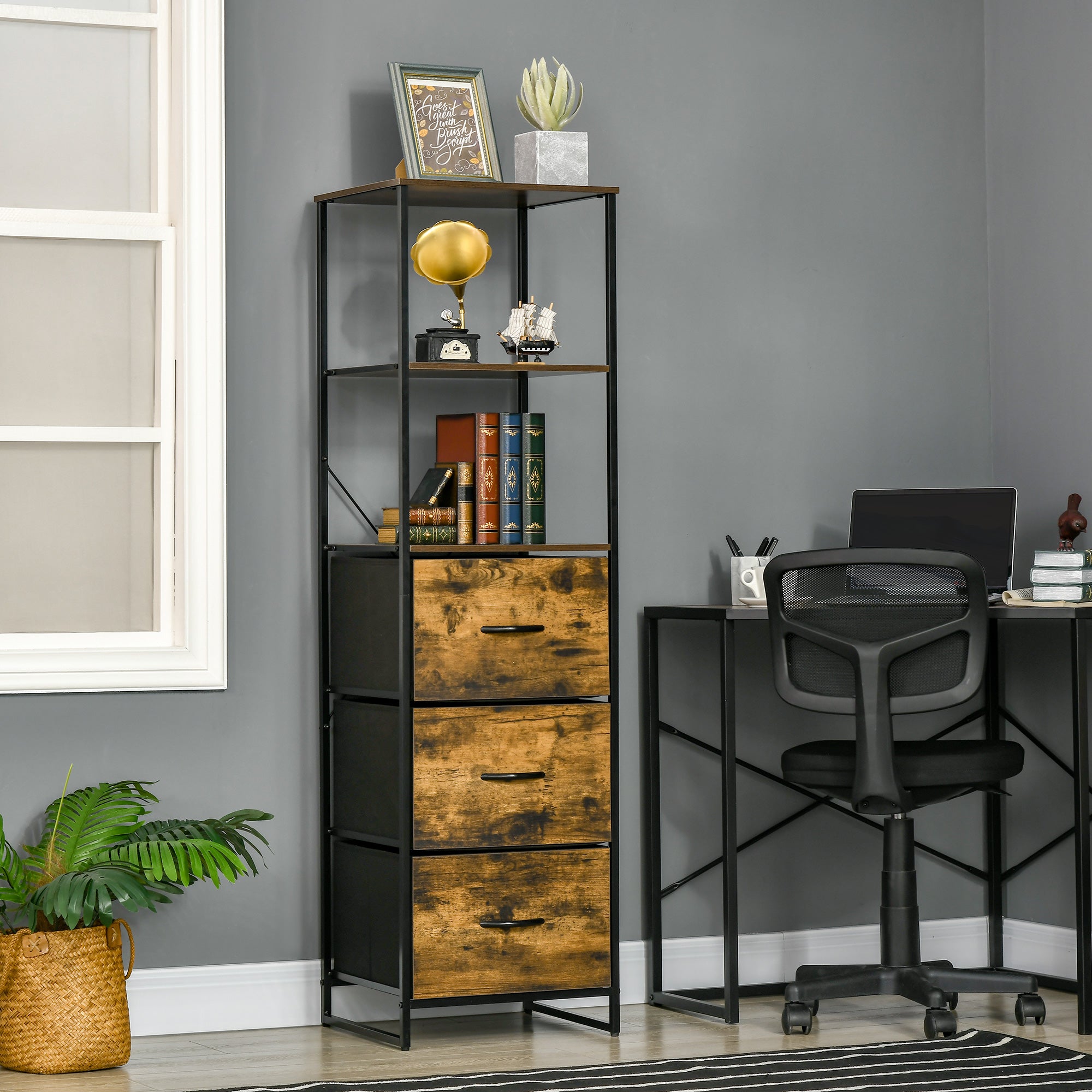 HOMCOM Industrial Storage Cabinet with 2 Open Shelves and 3 Foldable Fabric Drawers, Multifunctional Bookshelf In Living Room, Study, Rustic Brown