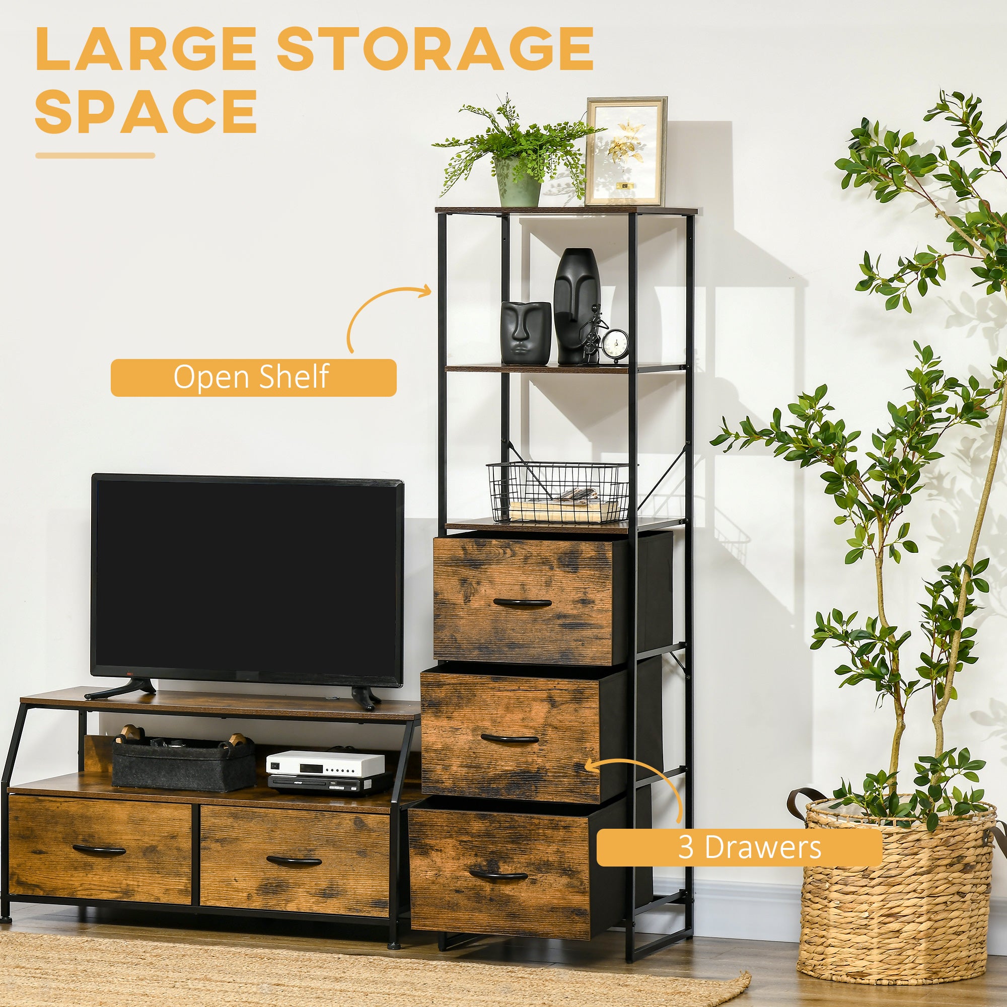 HOMCOM Industrial Storage Cabinet with 2 Open Shelves and 3 Foldable Fabric Drawers, Multifunctional Bookshelf In Living Room, Study, Rustic Brown