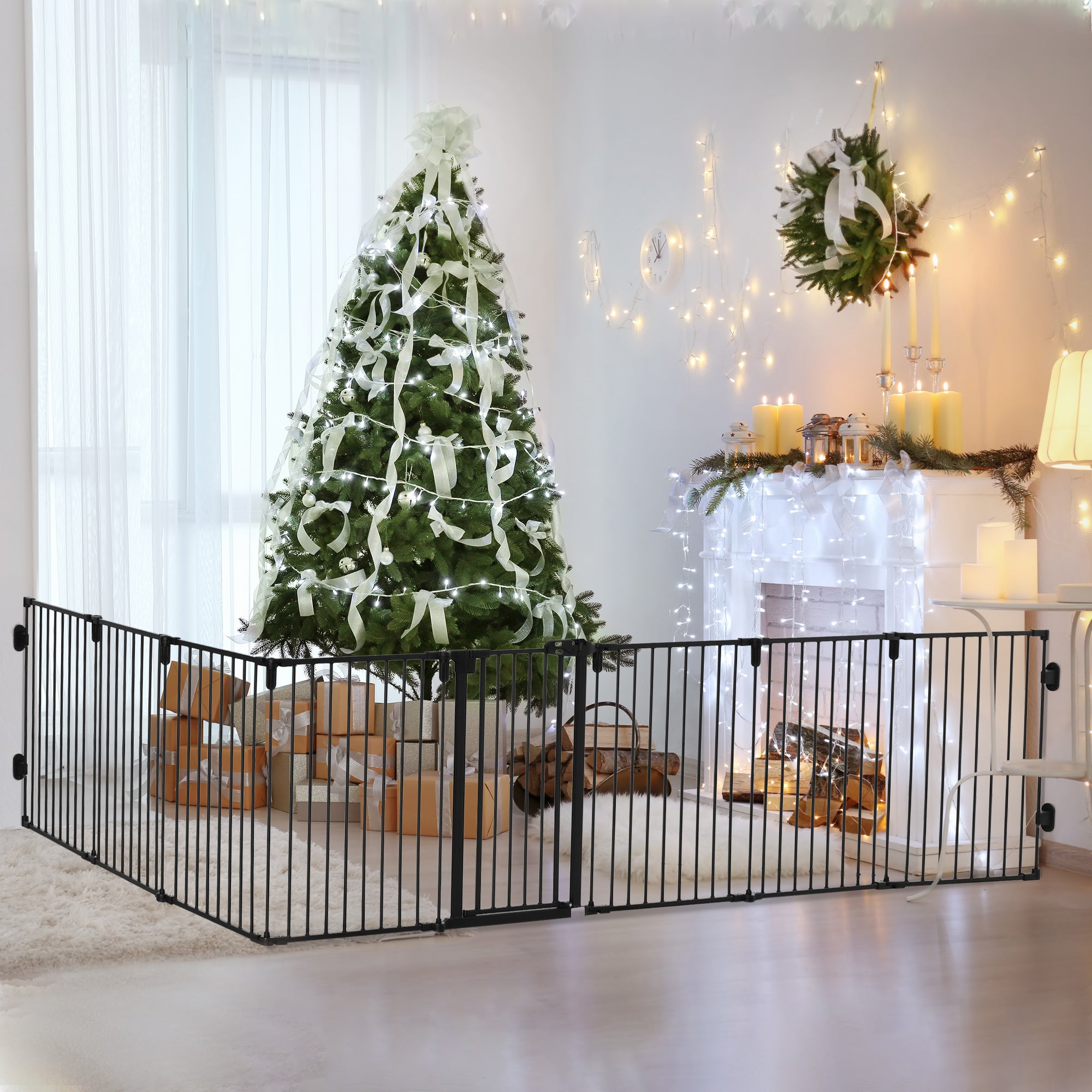 PawHut Dog Playpen DIY Adjustable, Puppy Play Pen Dog Fences Indoor with Automatically Close Lock, Pet Door for Doorway Stair, Fireplace Christmas Tree Barrier, 8-Panel, 30''H