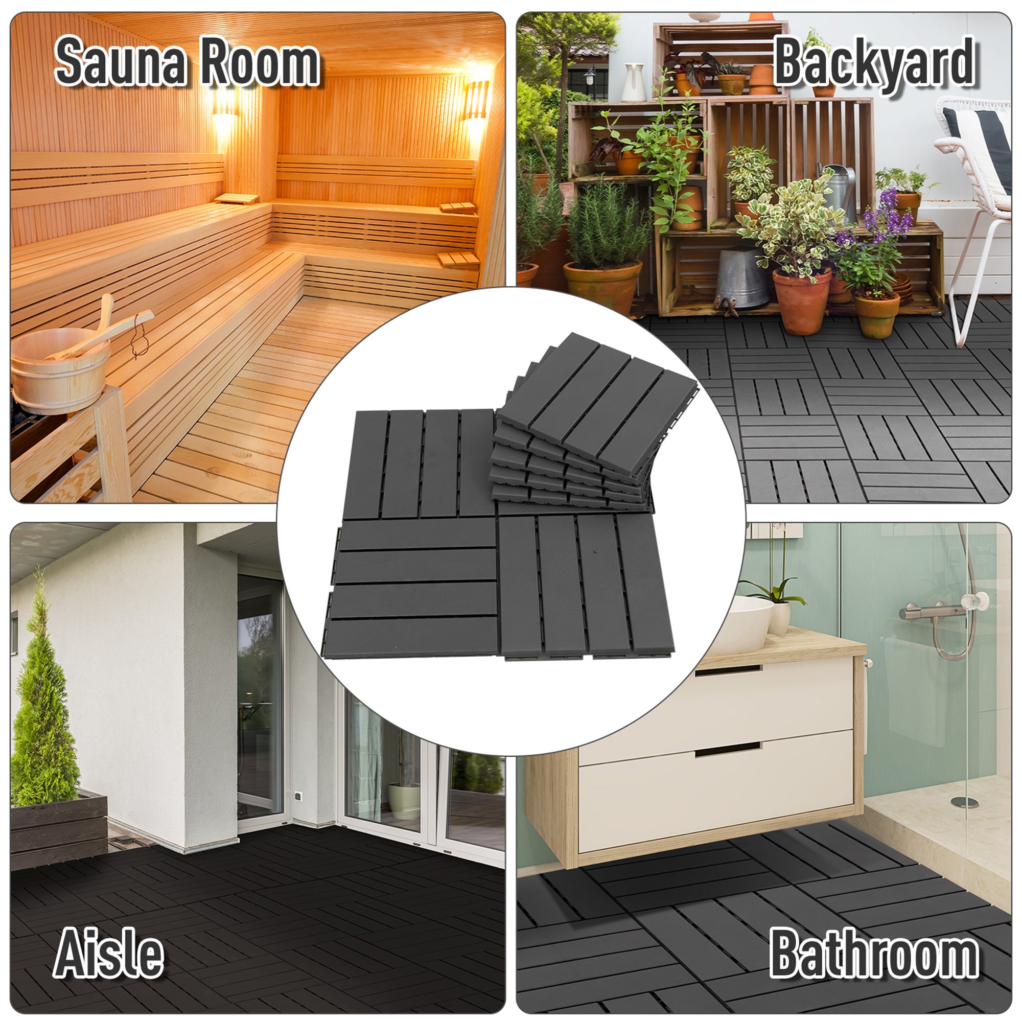 Outsunny 9 Pcs PP Interlocking Composite Deck Tile, 12" x 12" Outdoor Flooring Tiles for Indoor and Outdoor Use, Tools Free Assembly, Black