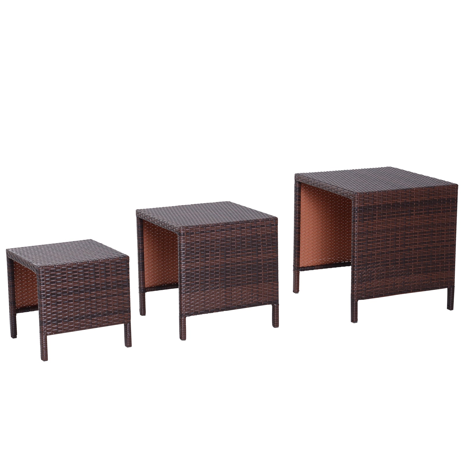 Outsunny Set of 3 Wicker Nesting Tables Patio Rattan Snack End Side Tables Hand Woven All Weather Garden Outdoor Home Furniture Brown
