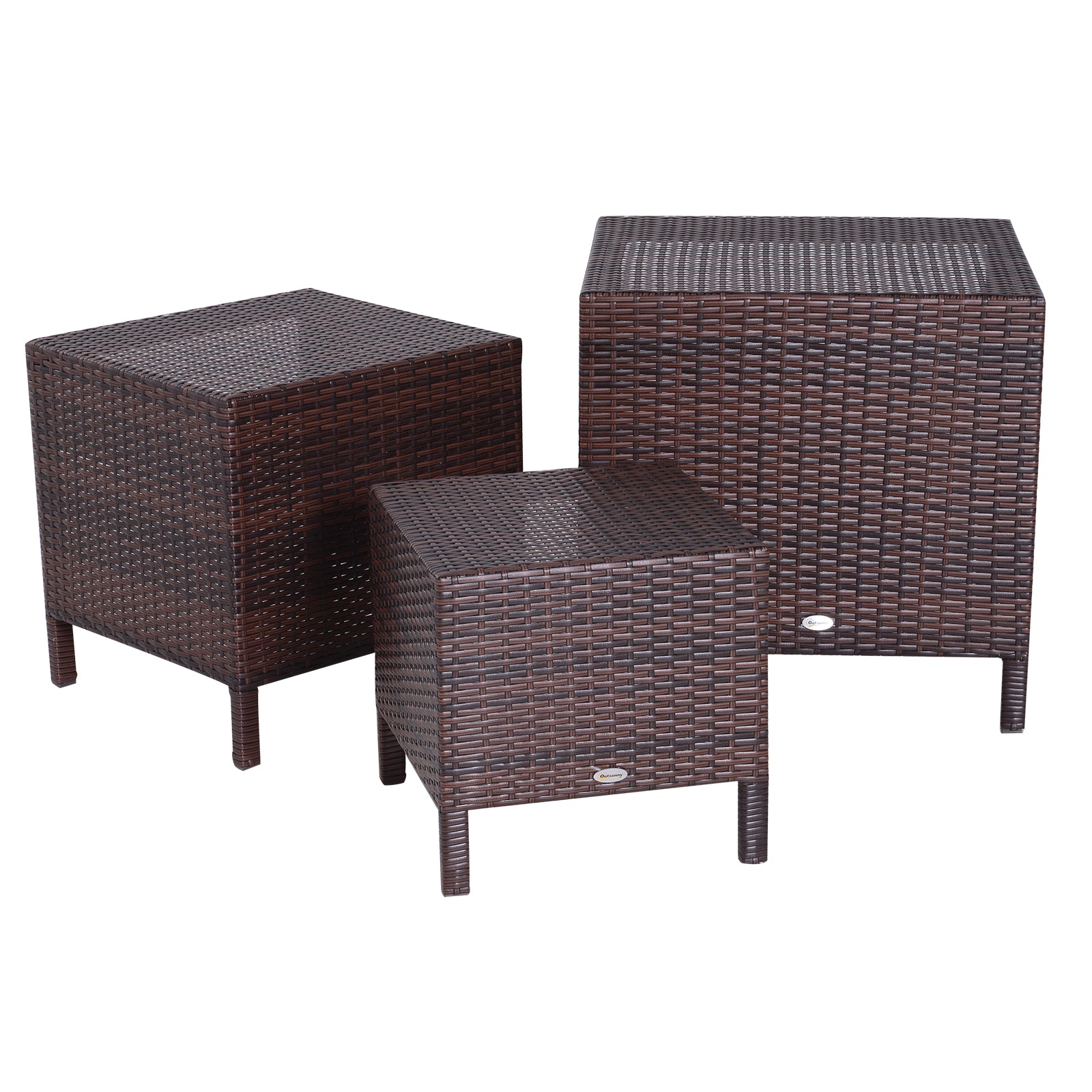 Outsunny Set of 3 Wicker Nesting Tables Patio Rattan Snack End Side Tables Hand Woven All Weather Garden Outdoor Home Furniture Brown
