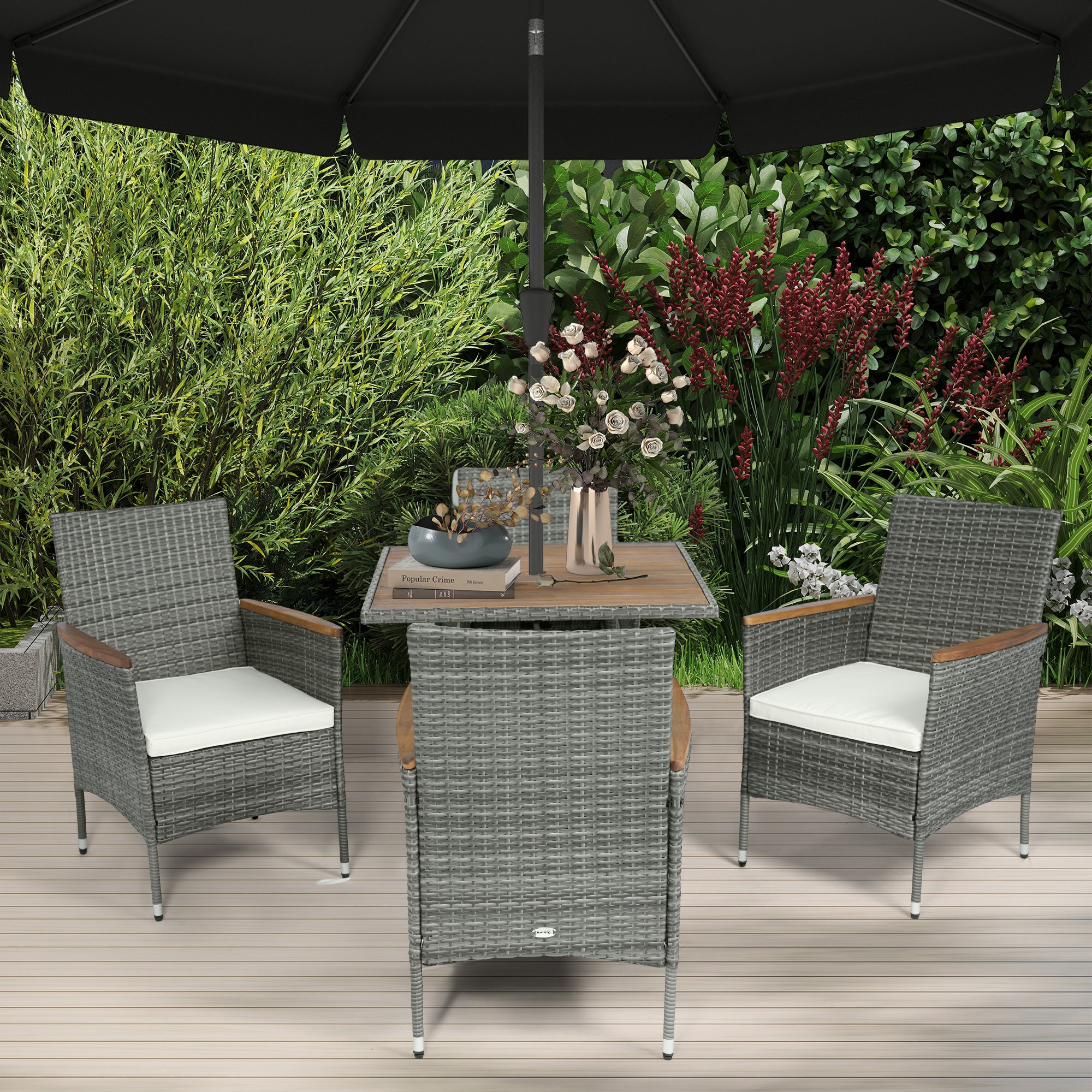 Outsunny 5 Pieces Rattan Patio Dining Set for 4, Patio Table and Chairs with 50mm Umbrella Hole and Cushions, Wicker Outdoor Dining Set for Garden, Backyard, Poolside, Teak