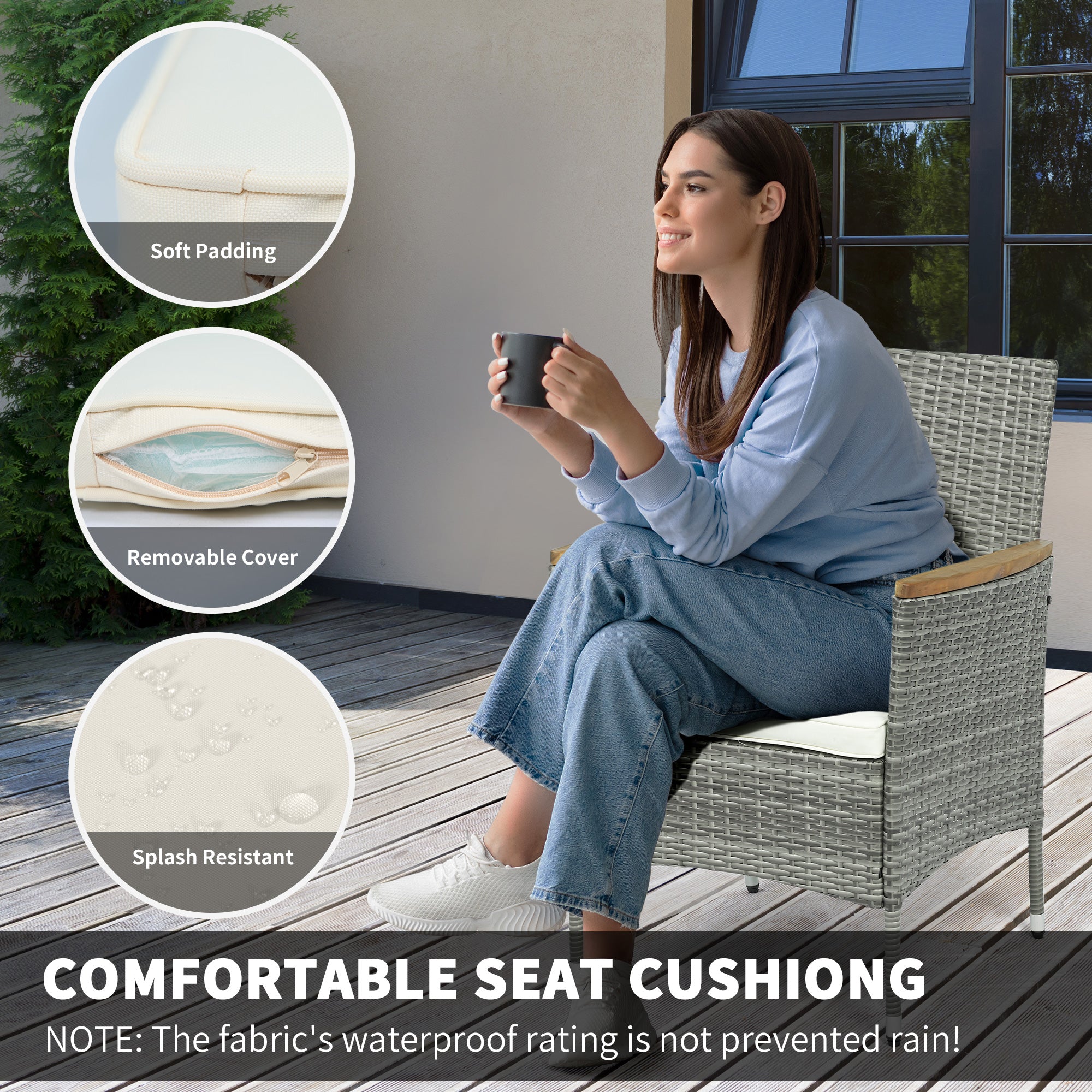 Outsunny 5 Pieces Rattan Patio Dining Set for 4, Patio Table and Chairs with 50mm Umbrella Hole and Cushions, Wicker Outdoor Dining Set for Garden, Backyard, Poolside, Teak