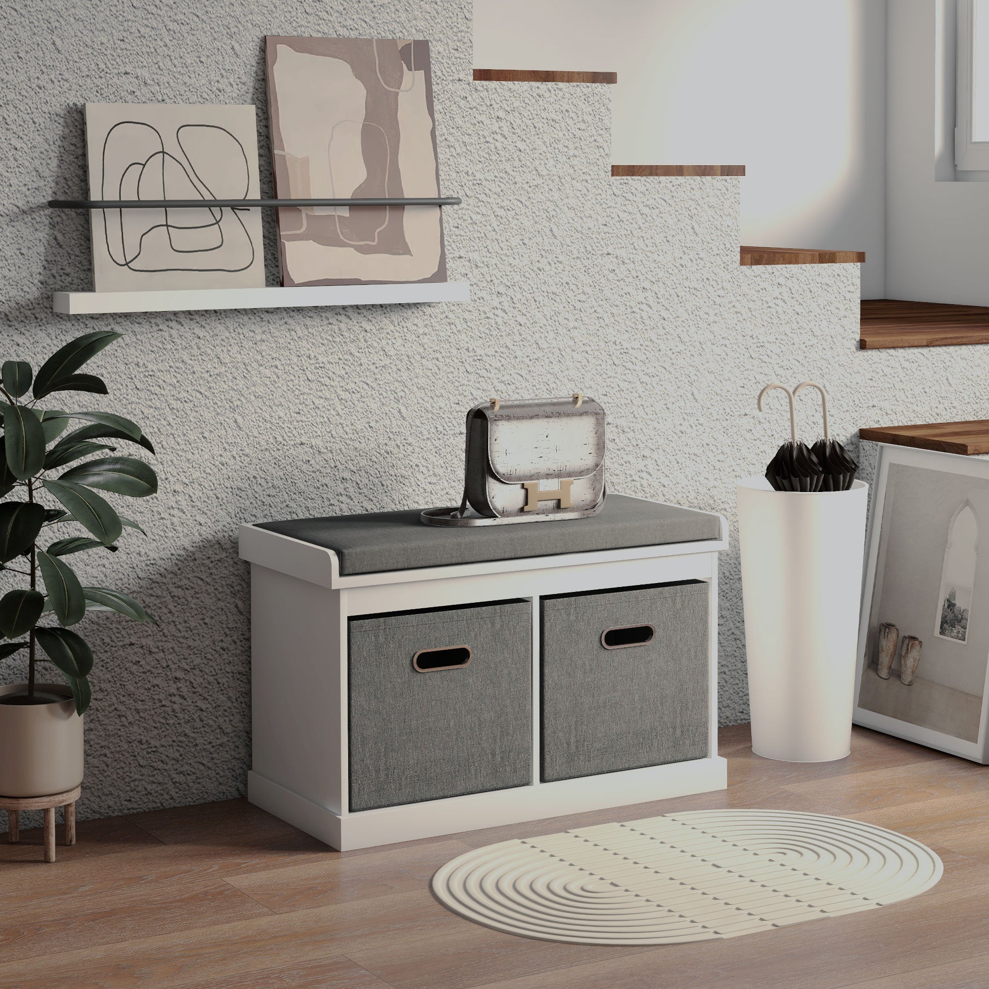 HOMCOM Shoe Bench with Seat, Entryway Bench with Cushion and 2 Fabric Drawers, Shoe Storage Bench for Hallway, Living Room, White