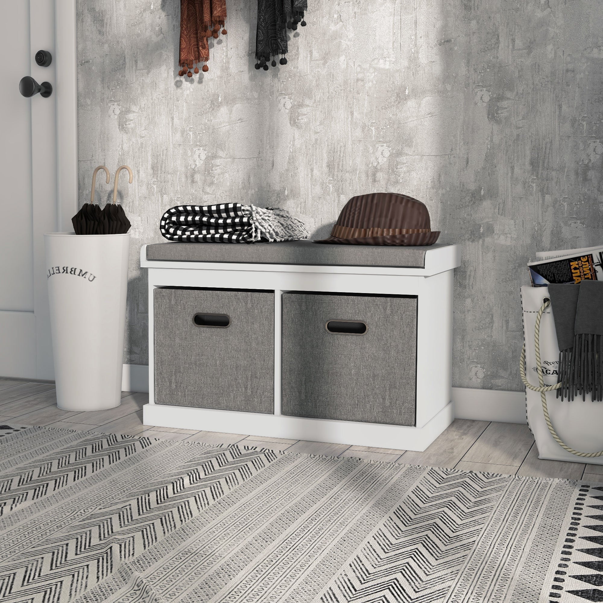 HOMCOM Shoe Bench with Seat, Entryway Bench with Cushion and 2 Fabric Drawers, Shoe Storage Bench for Hallway, Living Room, White