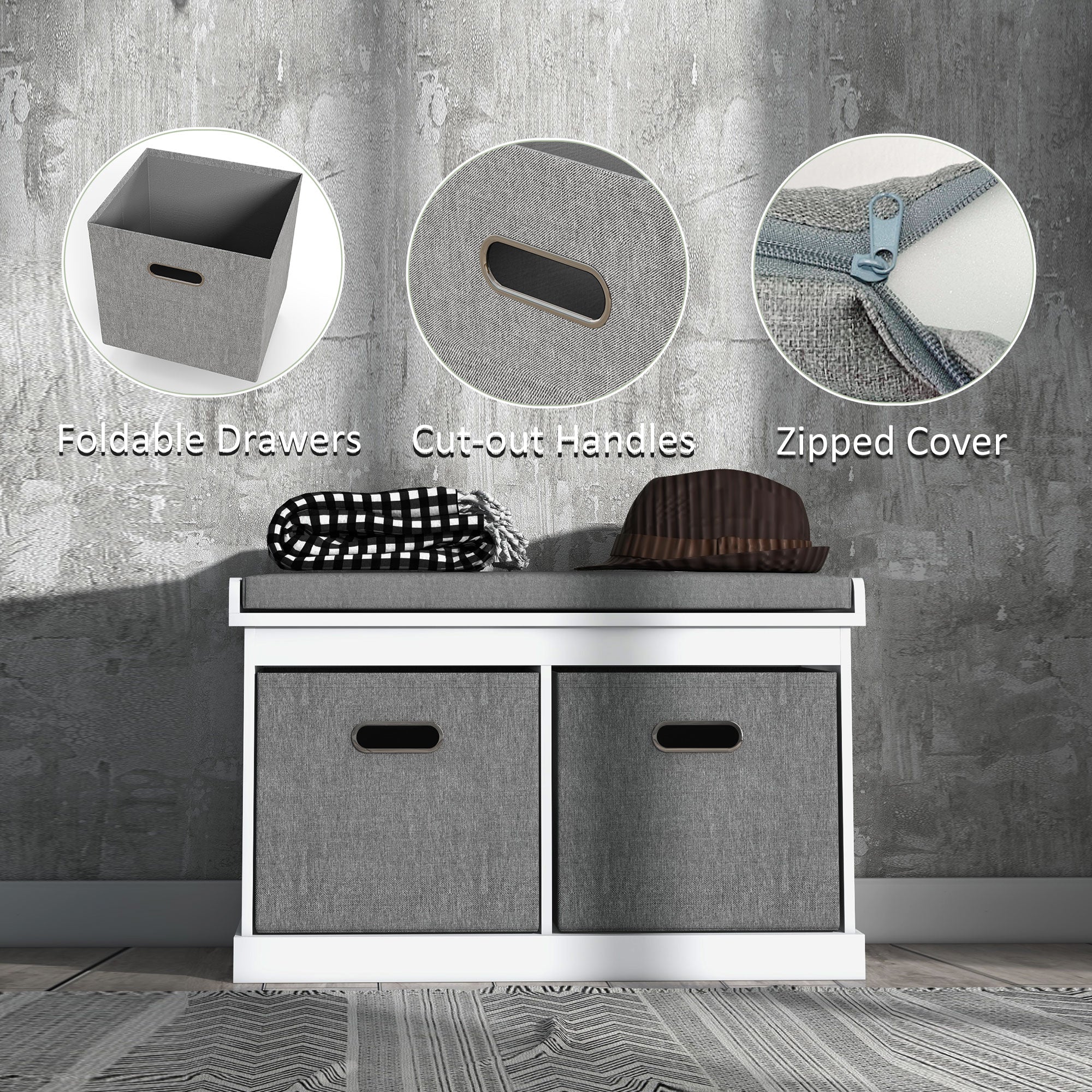 HOMCOM Shoe Bench with Seat, Entryway Bench with Cushion and 2 Fabric Drawers, Shoe Storage Bench for Hallway, Living Room, White