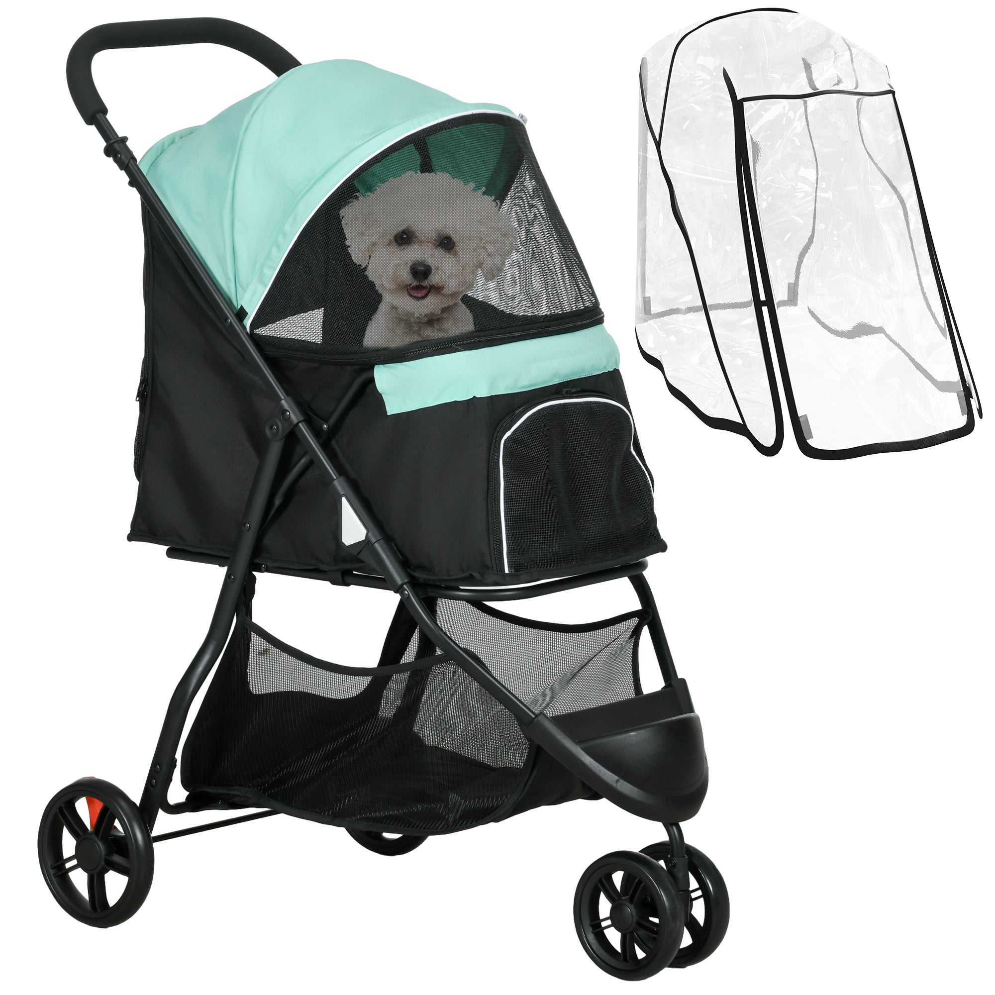 PawHut Dog Pram with Rain Cover Pet Stroller, Foldable Dog Pushchair for Small and Miniature Dogs, Cats - Green