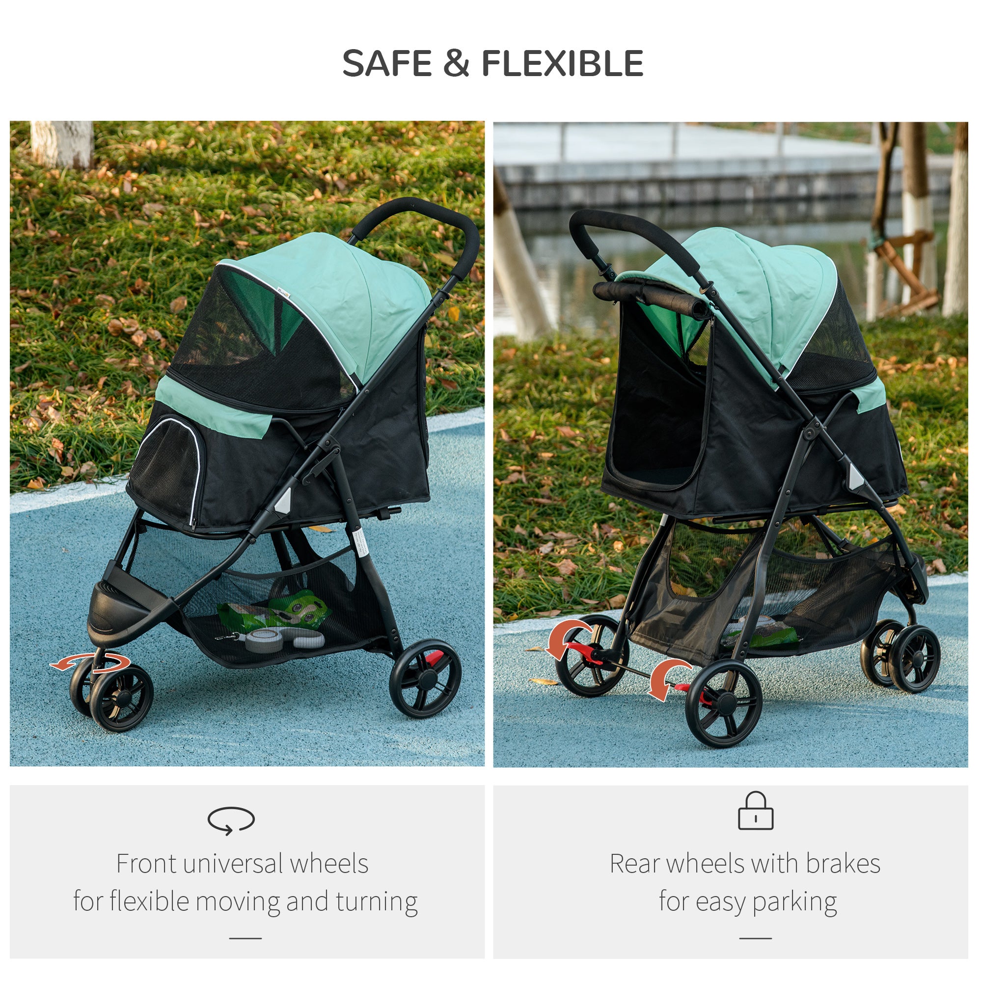 PawHut Dog Pram with Rain Cover Pet Stroller, Foldable Dog Pushchair for Small and Miniature Dogs, Cats - Green