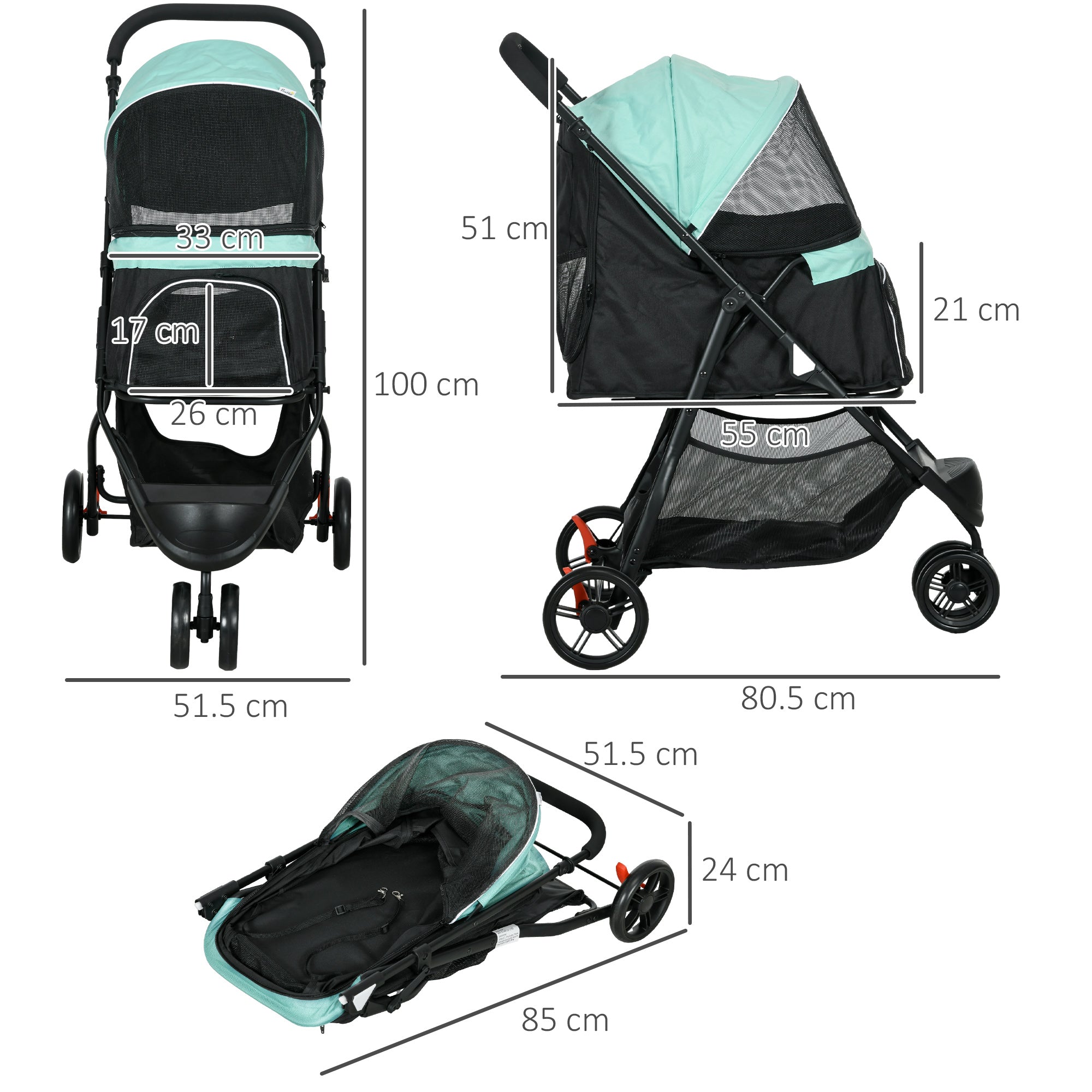PawHut Dog Pram with Rain Cover Pet Stroller, Foldable Dog Pushchair for Small and Miniature Dogs, Cats - Green