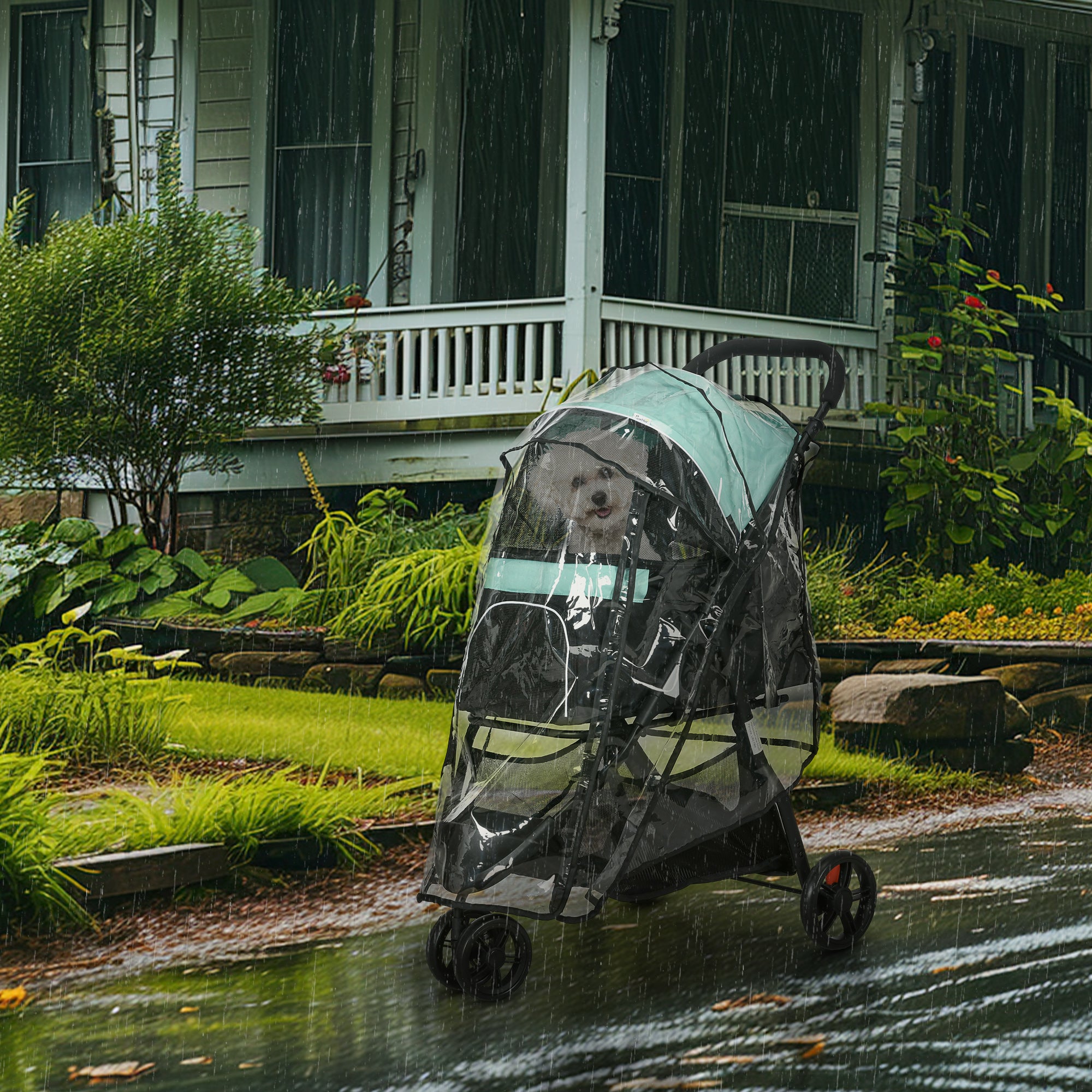 PawHut Dog Pram with Rain Cover Pet Stroller, Foldable Dog Pushchair for Small and Miniature Dogs, Cats - Green
