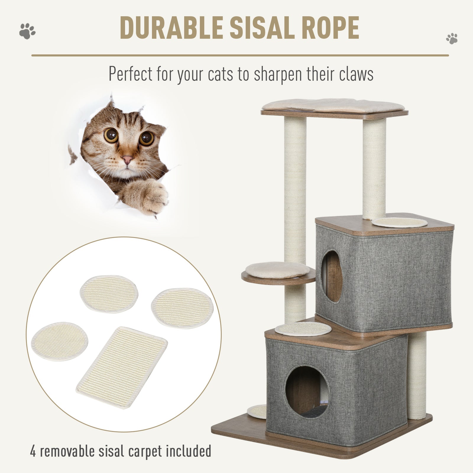 PawHut 44" H Feline Cat Tower Tree House with Sisal Scratching Posts, Soft Relaxing Cushions, & Many Perches/Condos