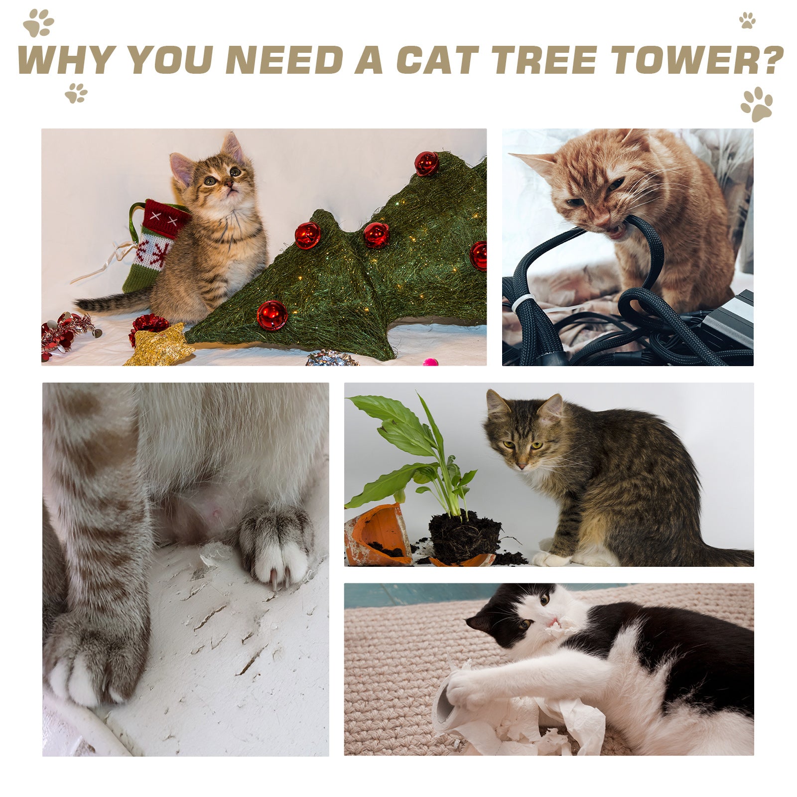PawHut 44" H Feline Cat Tower Tree House with Sisal Scratching Posts, Soft Relaxing Cushions, & Many Perches/Condos