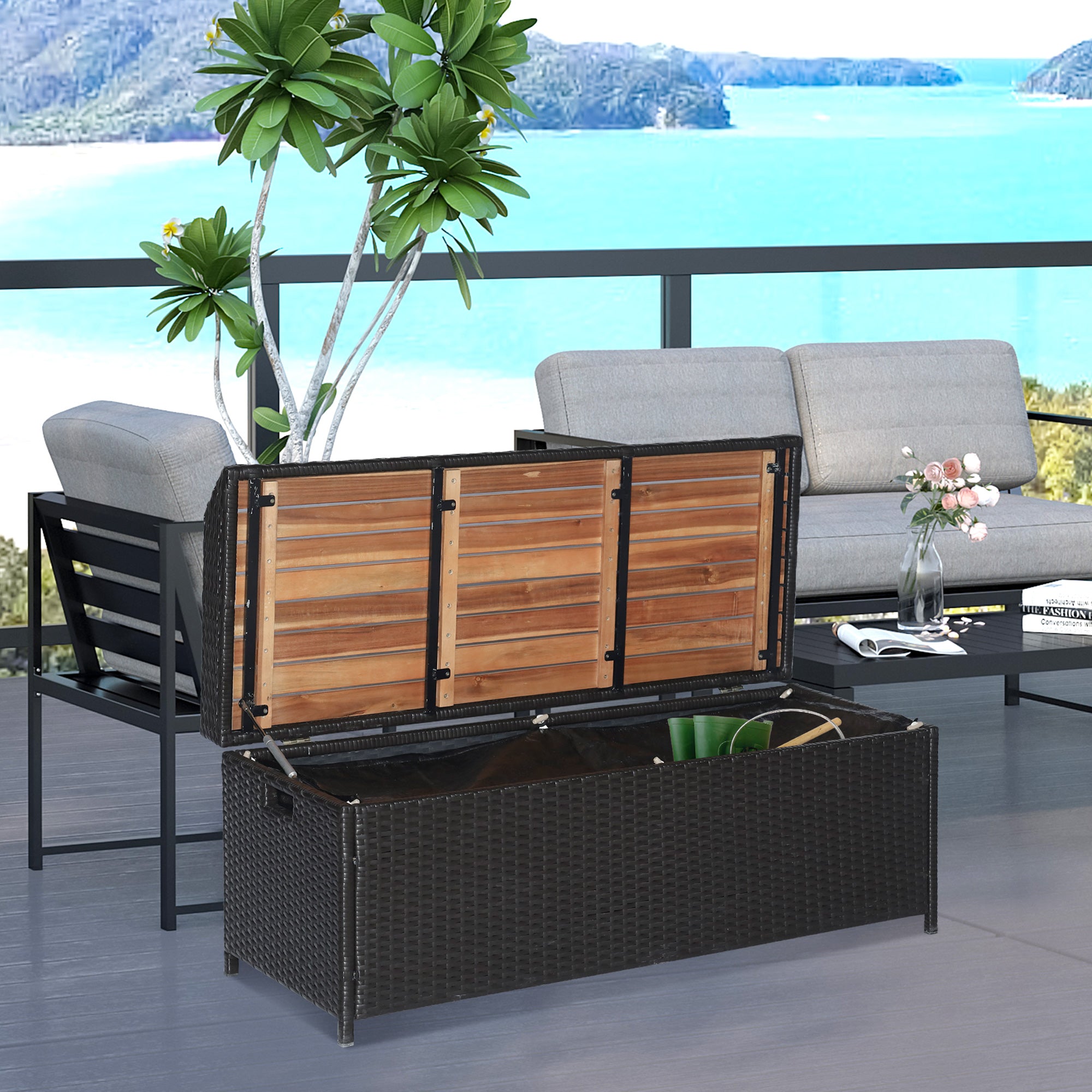 Outsunny Patio Wicker Storage Bench Box, Outdoor Garden PE Rattan Pool Storage Deck Bin Box w/ Natural Wood Top, Lid, Ideal for Storing Tools, Accessories and Toys, Coffee