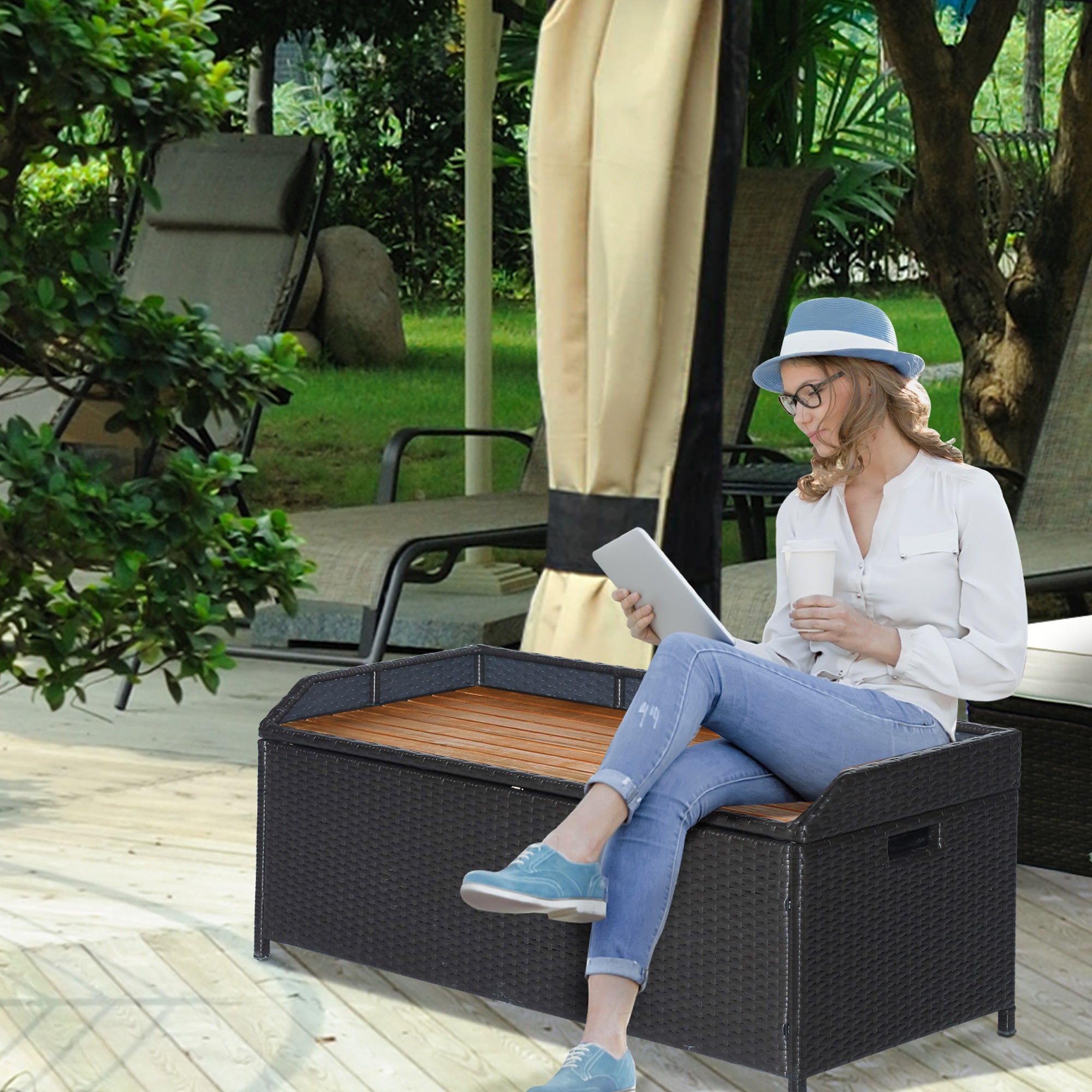Outsunny Patio Wicker Storage Bench Box, Outdoor Garden PE Rattan Pool Storage Deck Bin Box w/ Natural Wood Top, Lid, Ideal for Storing Tools, Accessories and Toys, Coffee