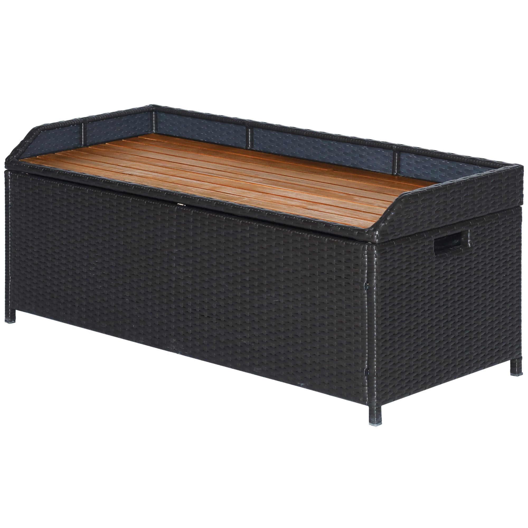 Outsunny Patio Wicker Storage Bench Box, Outdoor Garden PE Rattan Pool Storage Deck Bin Box w/ Natural Wood Top, Lid, Ideal for Storing Tools, Accessories and Toys, Coffee