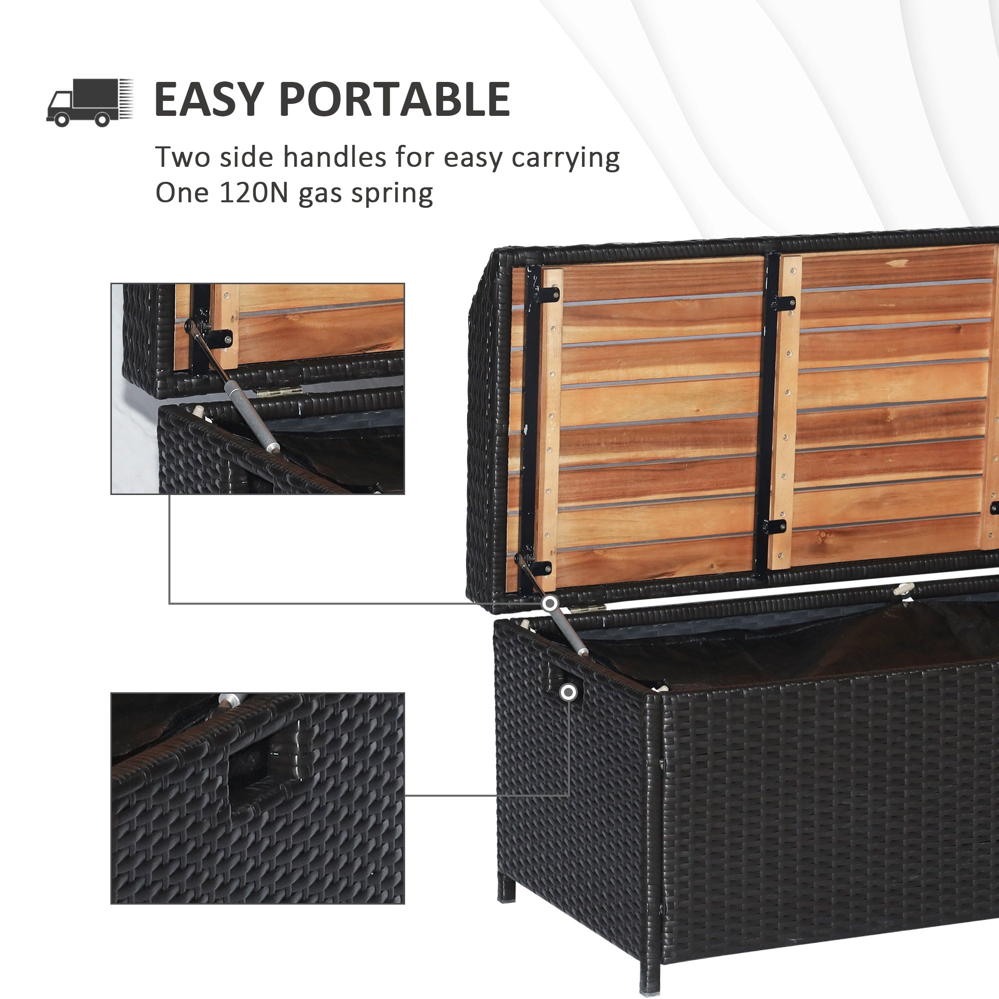 Outsunny Patio Wicker Storage Bench Box, Outdoor Garden PE Rattan Pool Storage Deck Bin Box w/ Natural Wood Top, Lid, Ideal for Storing Tools, Accessories and Toys, Coffee