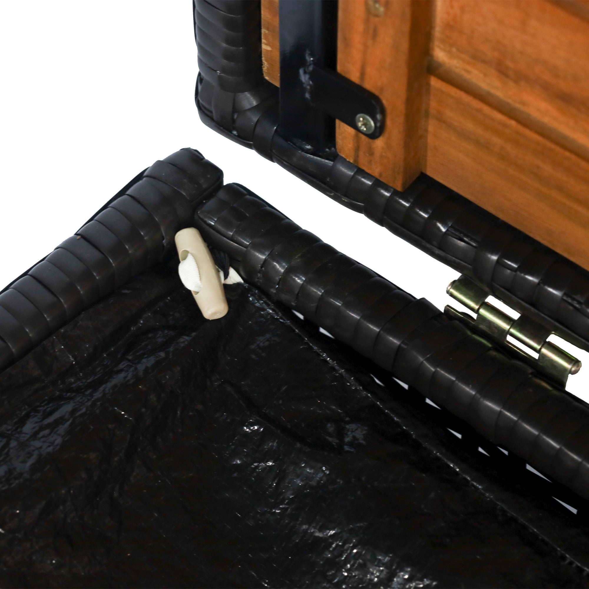 Outsunny Patio Wicker Storage Bench Box, Outdoor Garden PE Rattan Pool Storage Deck Bin Box w/ Natural Wood Top, Lid, Ideal for Storing Tools, Accessories and Toys, Coffee