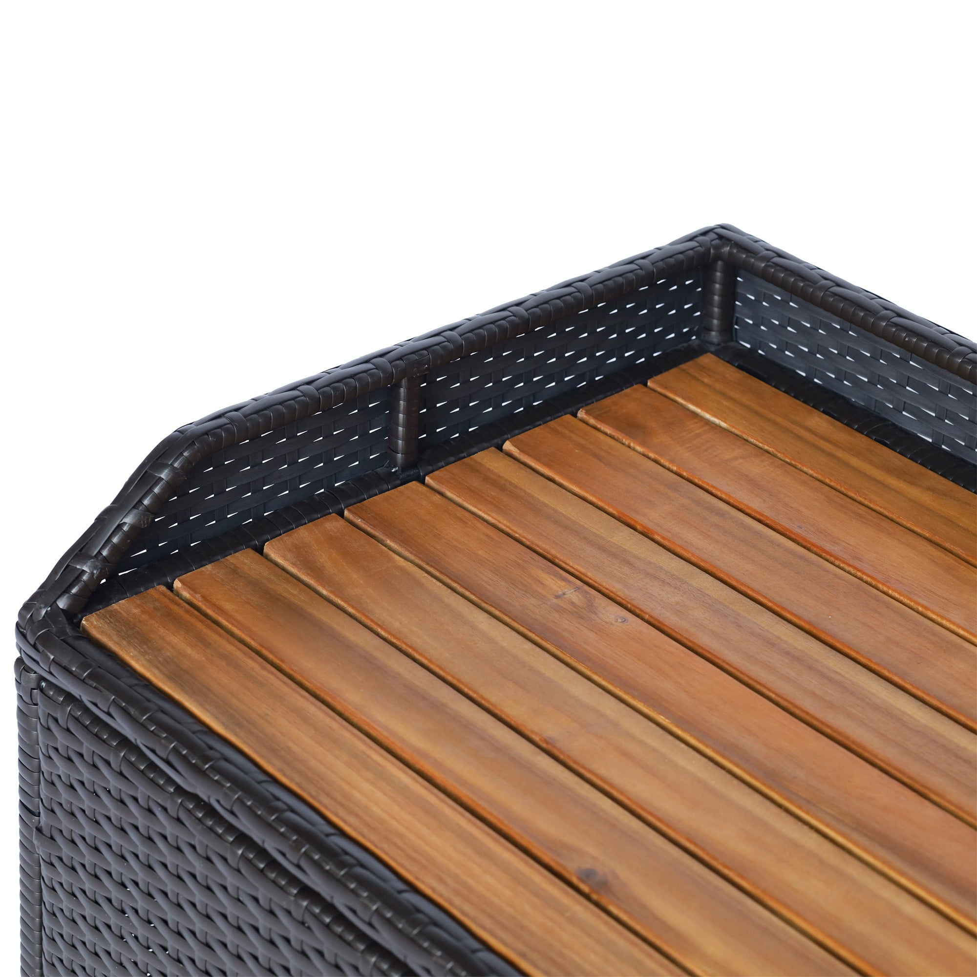 Outsunny Patio Wicker Storage Bench Box, Outdoor Garden PE Rattan Pool Storage Deck Bin Box w/ Natural Wood Top, Lid, Ideal for Storing Tools, Accessories and Toys, Coffee