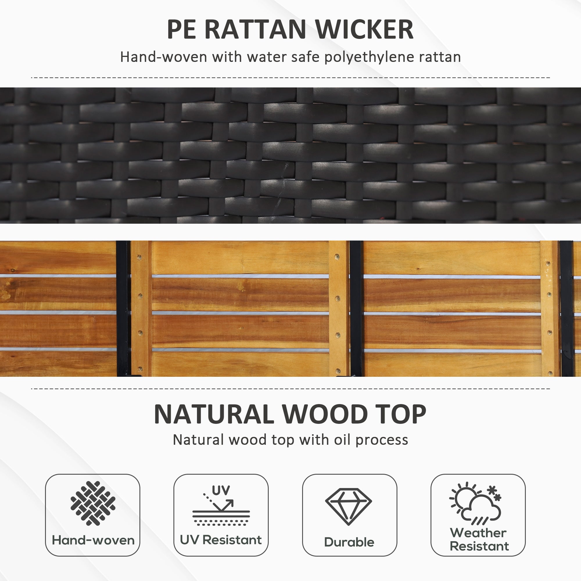 Outsunny Patio Wicker Storage Bench Box, Outdoor Garden PE Rattan Pool Storage Deck Bin Box w/ Natural Wood Top, Lid, Ideal for Storing Tools, Accessories and Toys, Coffee