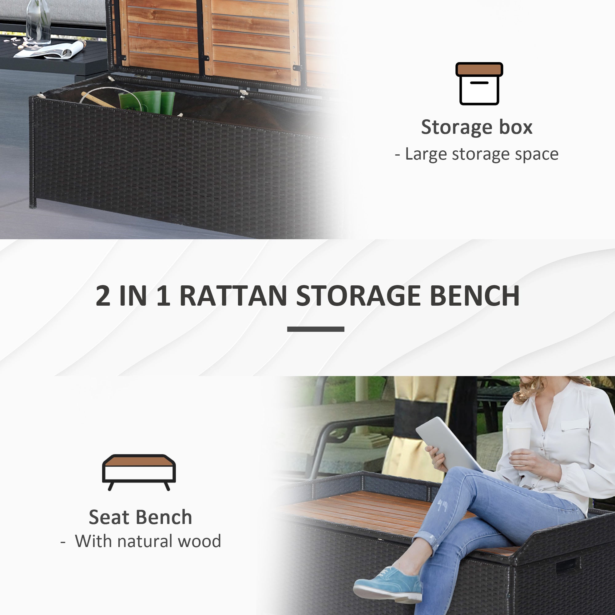 Outsunny Patio Wicker Storage Bench Box, Outdoor Garden PE Rattan Pool Storage Deck Bin Box w/ Natural Wood Top, Lid, Ideal for Storing Tools, Accessories and Toys, Coffee
