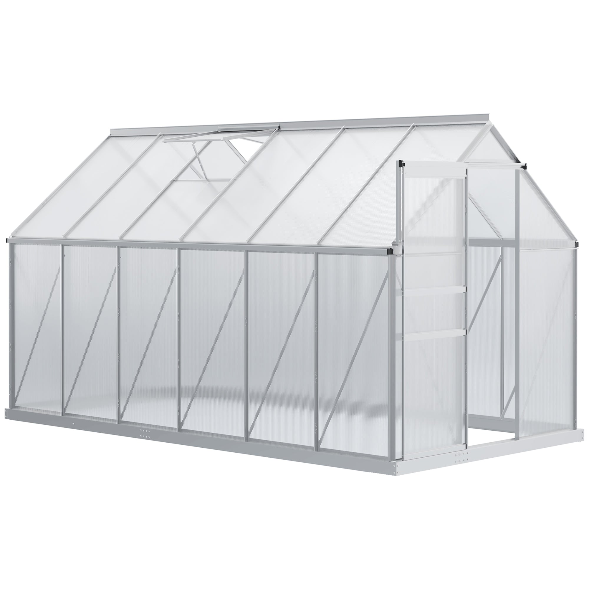 Outsunny 6' x 12' x 6.5' Polycarbonate Greenhouse, Walk-in Green House with Adjustable Roof Vent, Galvanized Base, Sliding Door and Rain Gutter for Outdoor, Garden, Backyard, Clear
